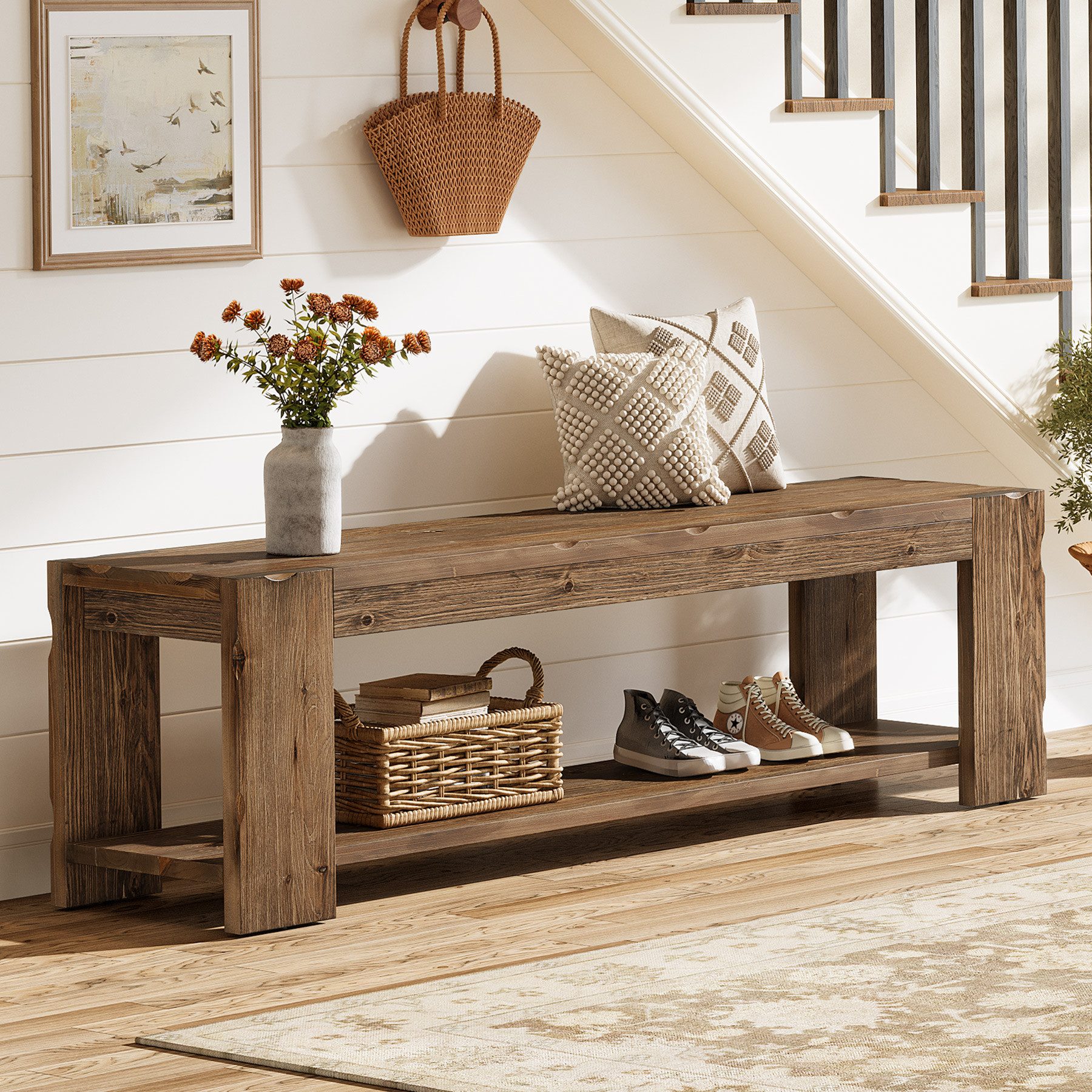 Tribesigns Schuhbank 140 cm Massive Holz-Eingangsbank mit Ablagefach, 2-stufige Sitzbänke (für Eingangsbereich, Flur, Esszimmer, Wohnzimmer, Garderobe, Schlafzi – Bild 2 von 5