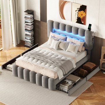 OKWISH Polsterbett Funktionsbett Stauraumbett Doppelbett Bett (mit LED-Lichtleiste mit USB und Stereoanlage, mit 4 Schubladen 140 x 200 cm), ohne Matratze
