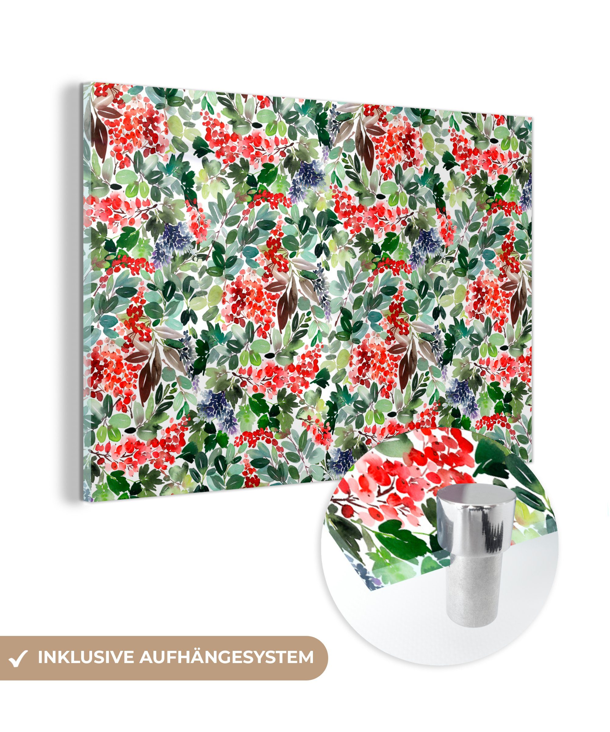 MuchoWow Acrylglasbild Pflanzen - Beeren - Muster, (1 St), Acrylglasbilder Wohnzimmer & Schlafzimmer | Bilder