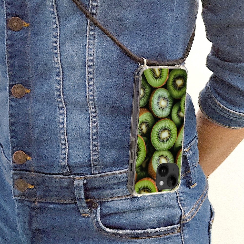 MuchoWow Handyhülle für Apple iPhone 14 Kiwi - Obst - Grün, Tragbare Handyhüllen mit Kette zum umhängen, Handykette Handyband