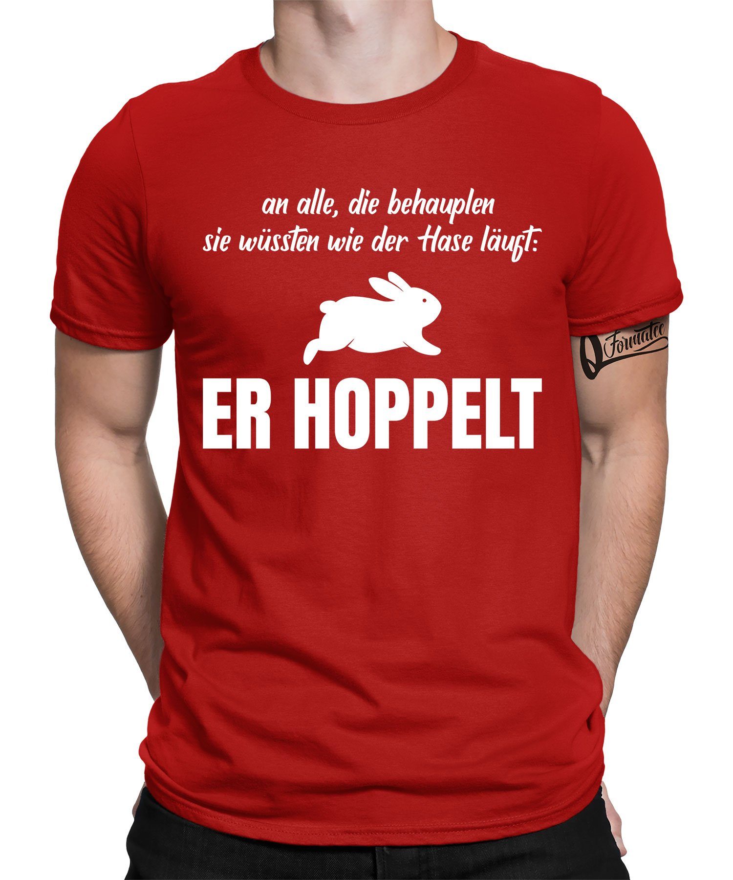 T-Shirt Lustiger Er Kurzarmshirt (1-tlg) Kaninchen Hoppelt Statement Spruch - Formatee Herren Quattro Rot Hase
