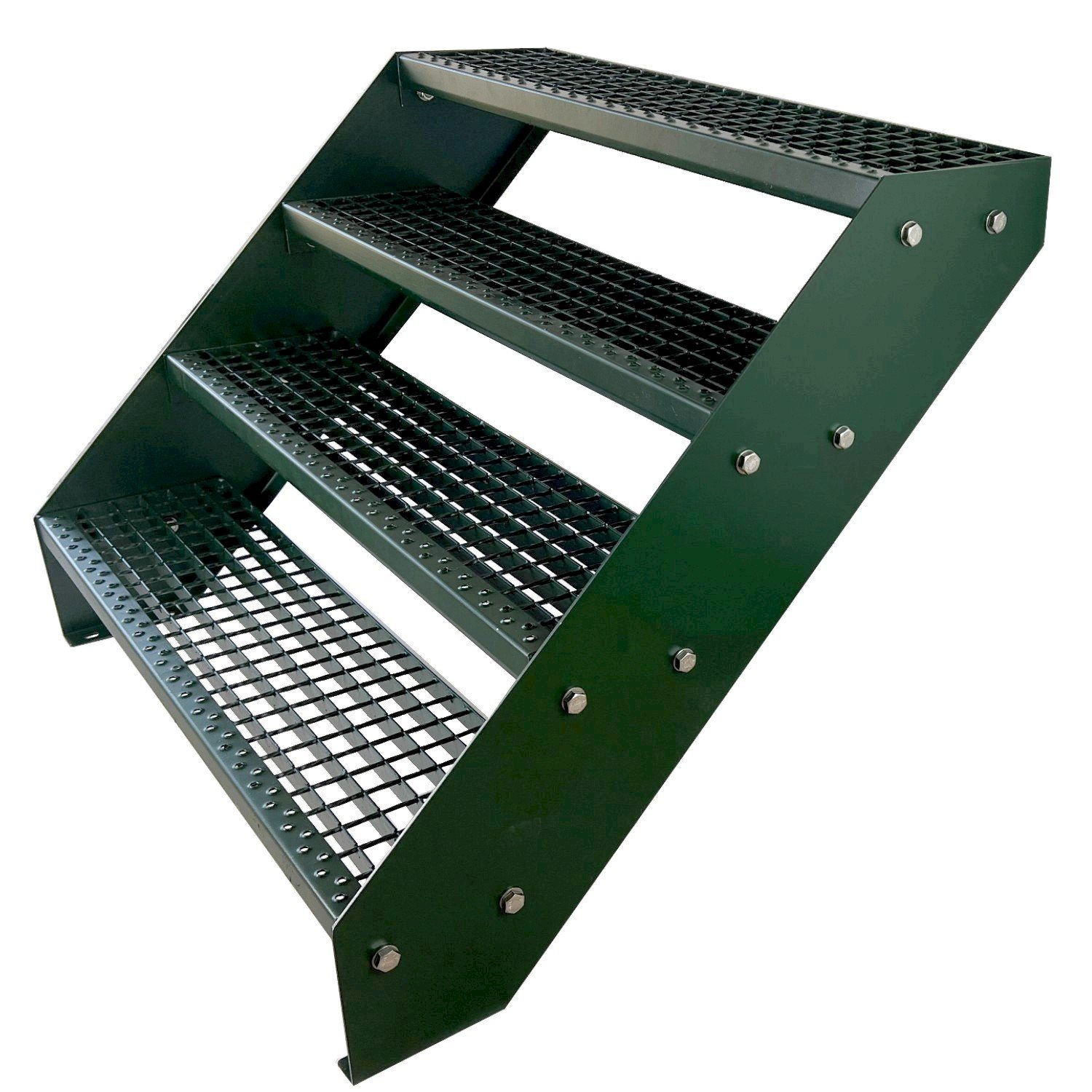 Kaminbau Mierzwa Außentreppe Premium Treppe Komplett Grün Höhe Verstellbar, für Geschosshöhen bis 76 cm, Stufen Gitterroststufen nach DIN 24531, (Höhe 76 cm, Breite wählbar aus 60, 80, 100, 120, 140 cm), Gartentreppe Stahltreppe Wetterfest Rostfrei Feuer-Verzinkt Rutschfest