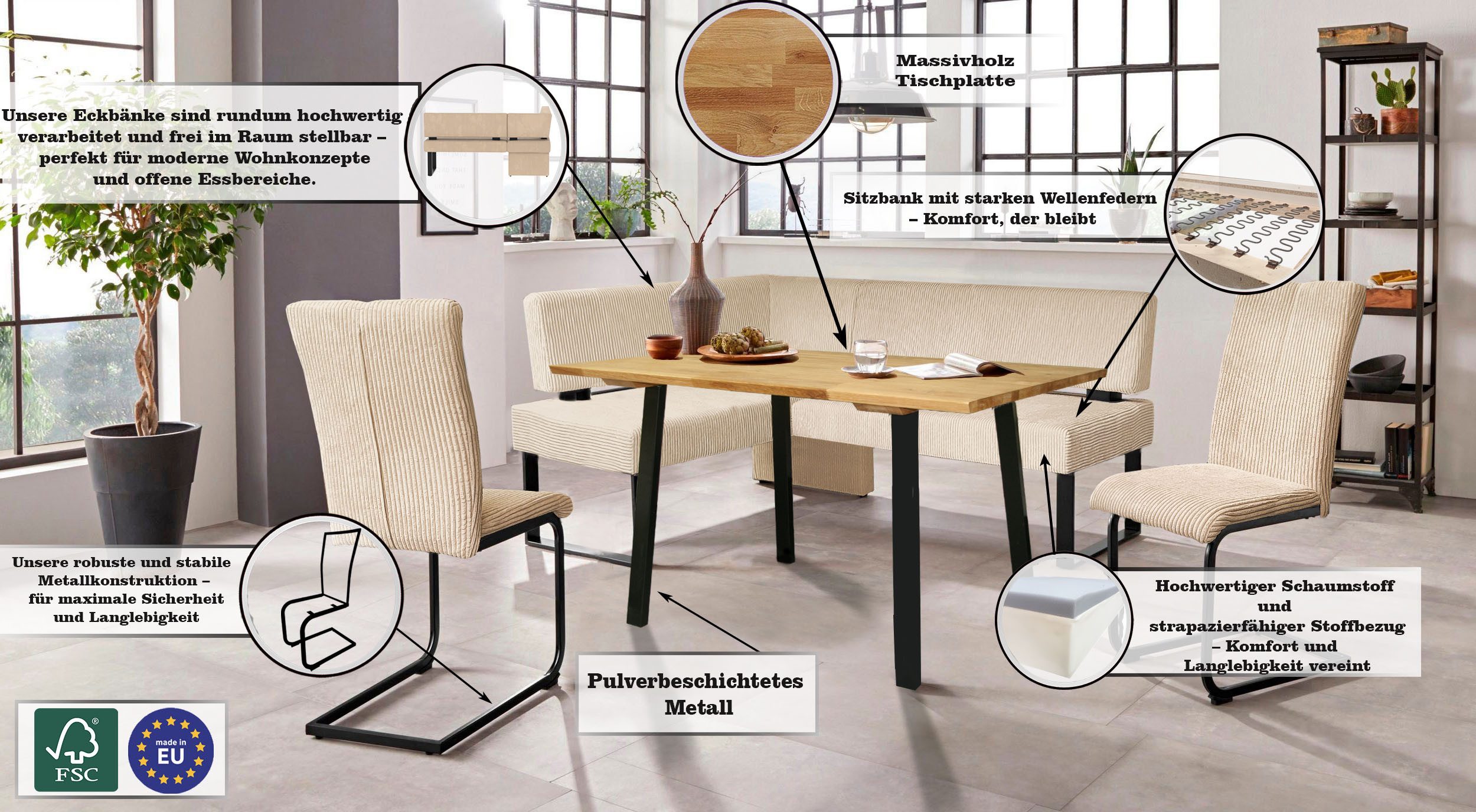 OTTO home Eckbank Oliver mit Metallgestell, Küchenbank, verschiedene Bezüge Cord Esszimmerbank OTTOs Choice – Bild 4 von 5