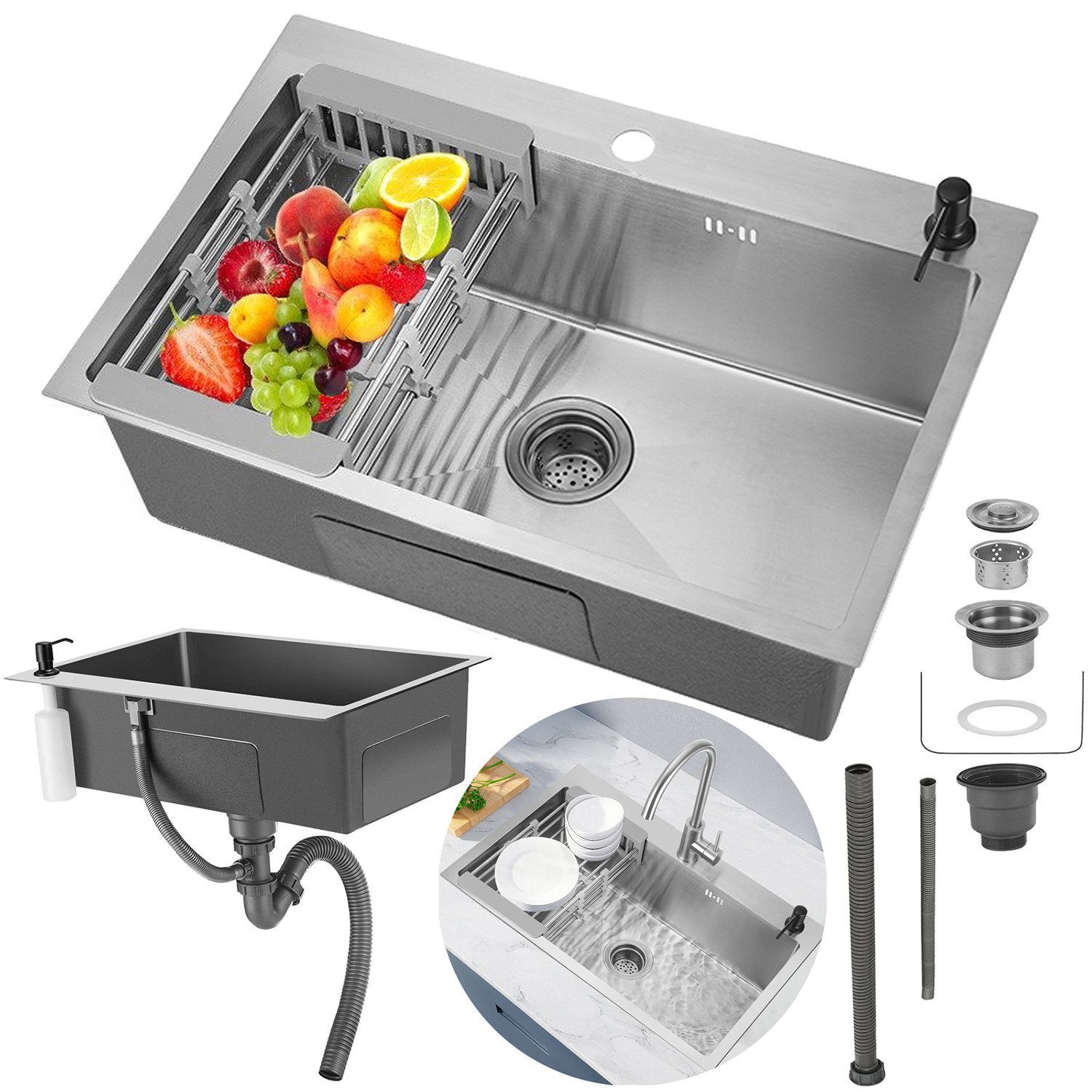 LOVONLIVE Küchenspüle Edelstahlspüle, Küchenspüle mit Klappsieb, Küchenspül günstig online kaufen