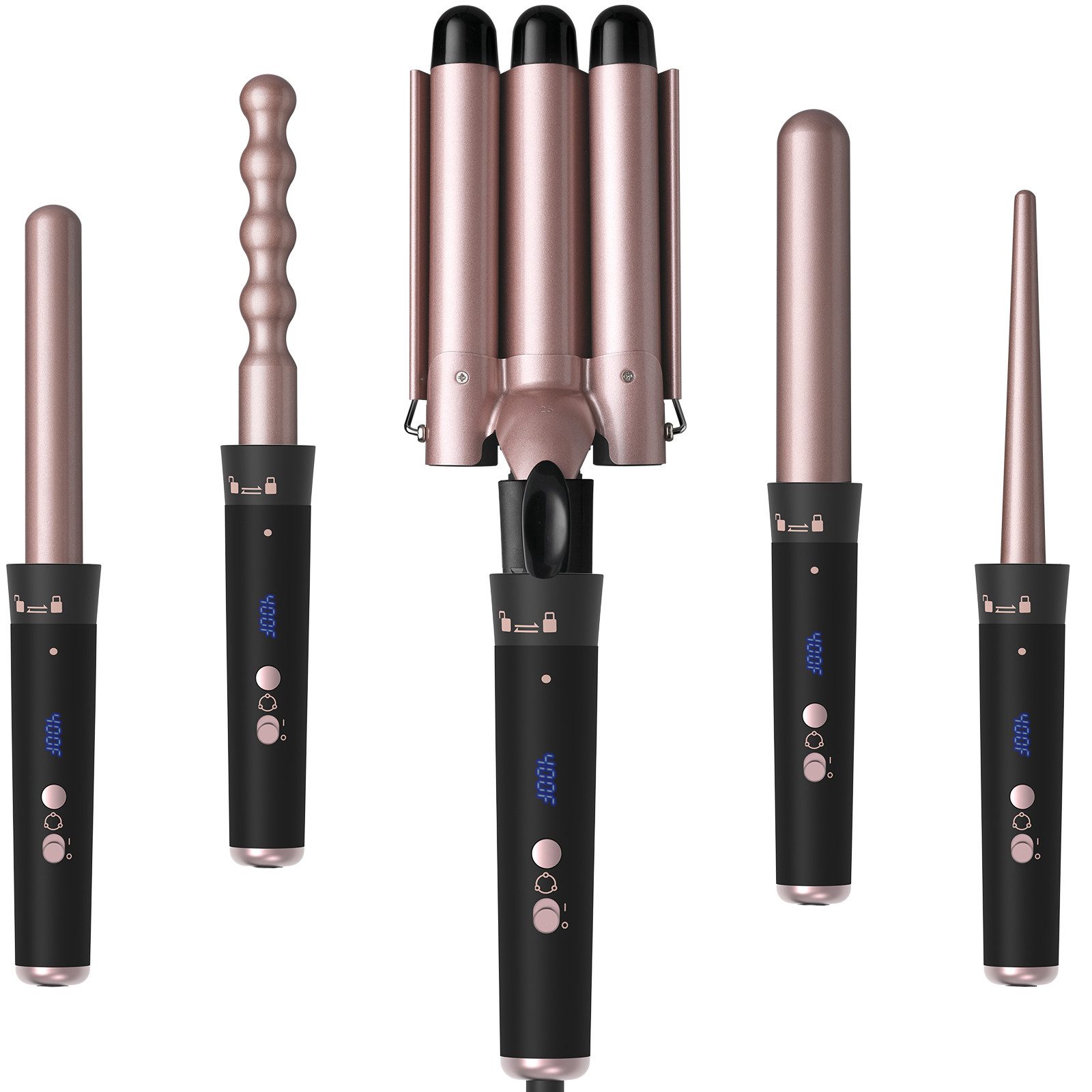 AIMAX Lockenstab Lockenstab Set 5 in 1 mit 3 Fässer Welleneisen Lockenwickler, Turmalin-Keramik, mit Wechselkopf