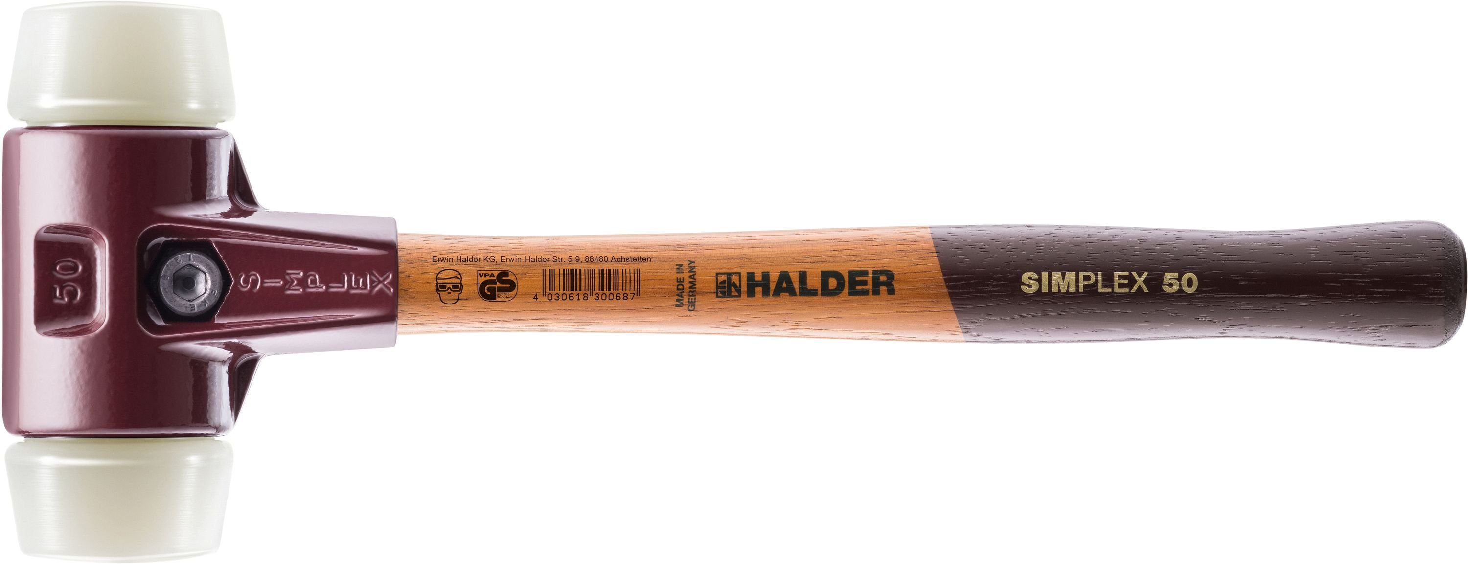 Halder KG Hammer SIMPLEX-Schonhämmer, mit Stahlgussgehäuse und Holzstiel Ø=30 mm