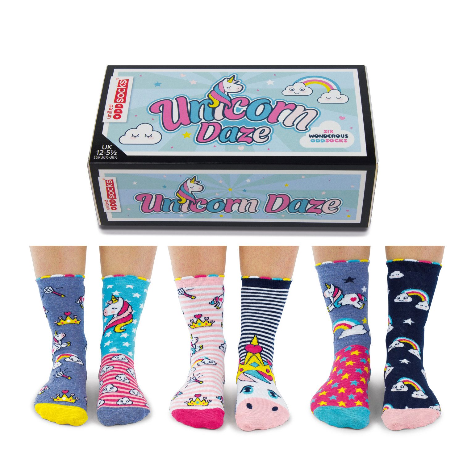 United Oddsocks Freizeitsocken Einhorn und Regenbogen Oddsocks Socken in 30,5-38,5 im 6er Set
