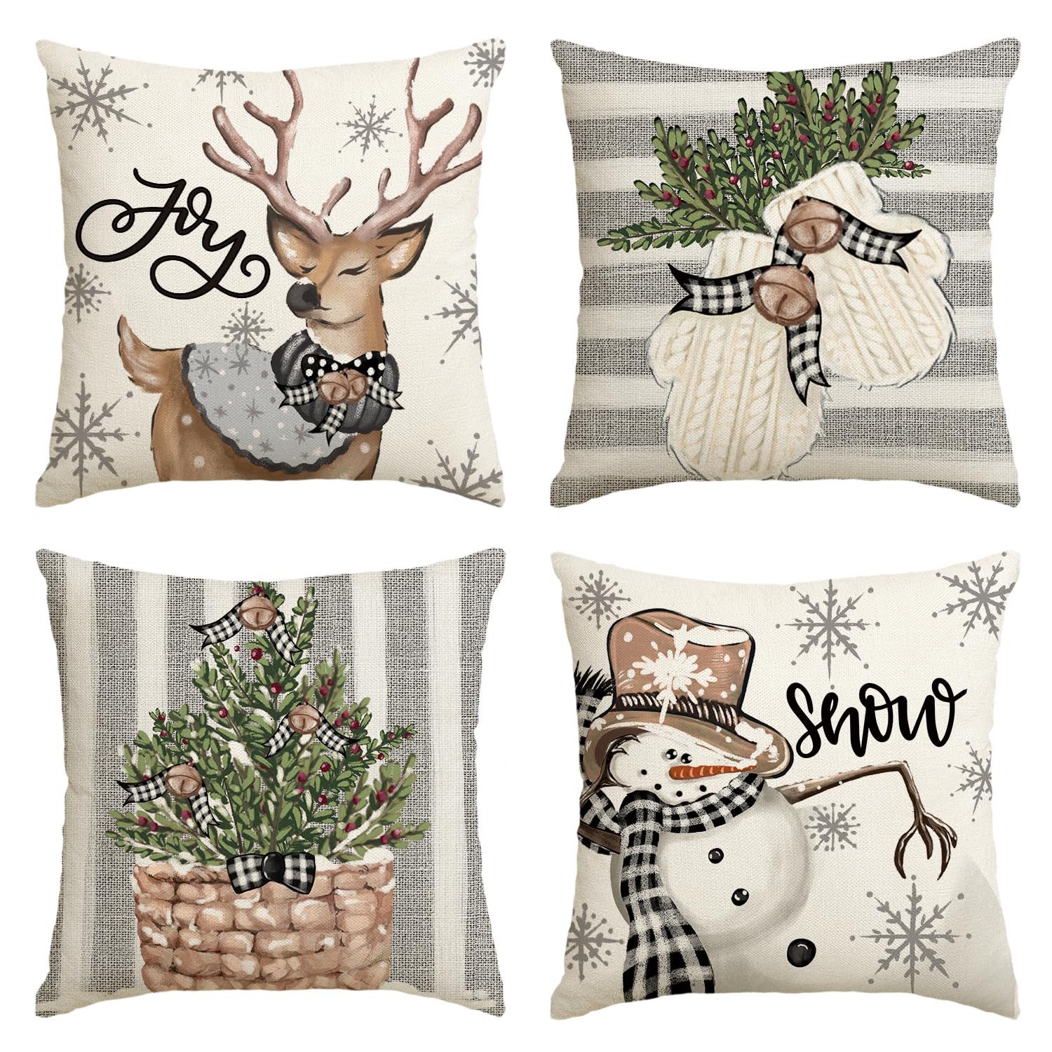 FOUORTUNATE-BEE Подушкиbezüge 4er Set Weihnachten Подушкиbezüge Winter Zierkissenbezug, Schneemann Rentier Handschuhe Holly Büffel Plaid