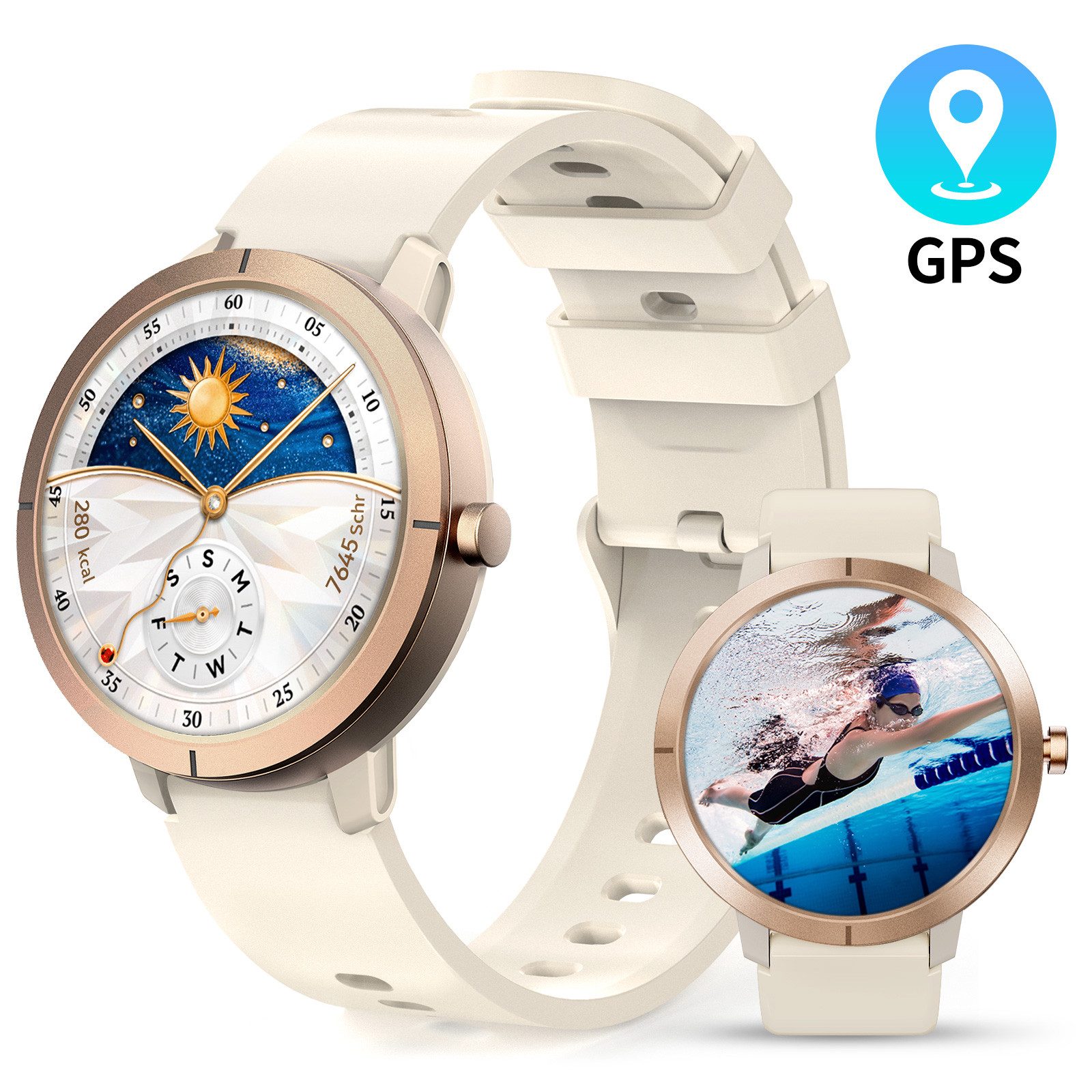 Yuede GPS Smartwatch Damen Herren, 5 ATM wasserdichte Fitness Tracker Uhr Smartwatch (1,32 Zoll cm/1.32 Zoll) Eingebautes GPS, Fitness Uhr mit AMOLED Display 466*466, 170+ Sportmodi Sportuhr, Gesundheits-Uhren mit Herzfrequenz, Blutsauerstoffgehalt, Stress, Schlafüberwachung, verfügbar für Android Android 5.0+ / iOS 12.0+