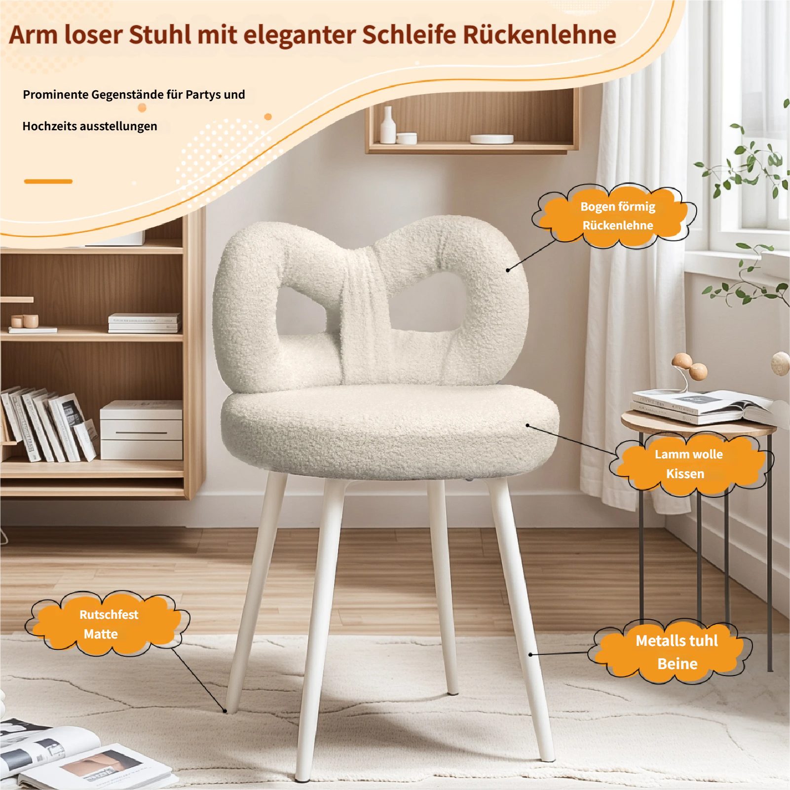 Rutaqian Stuhl Schminkhocker mit Bowknot Rückenlehne,Make-Up Stuhl, Einstellbare Fuß Pads,Armless,Dressing Stuhl Seite Tisch Sitz – Bild 3 von 5