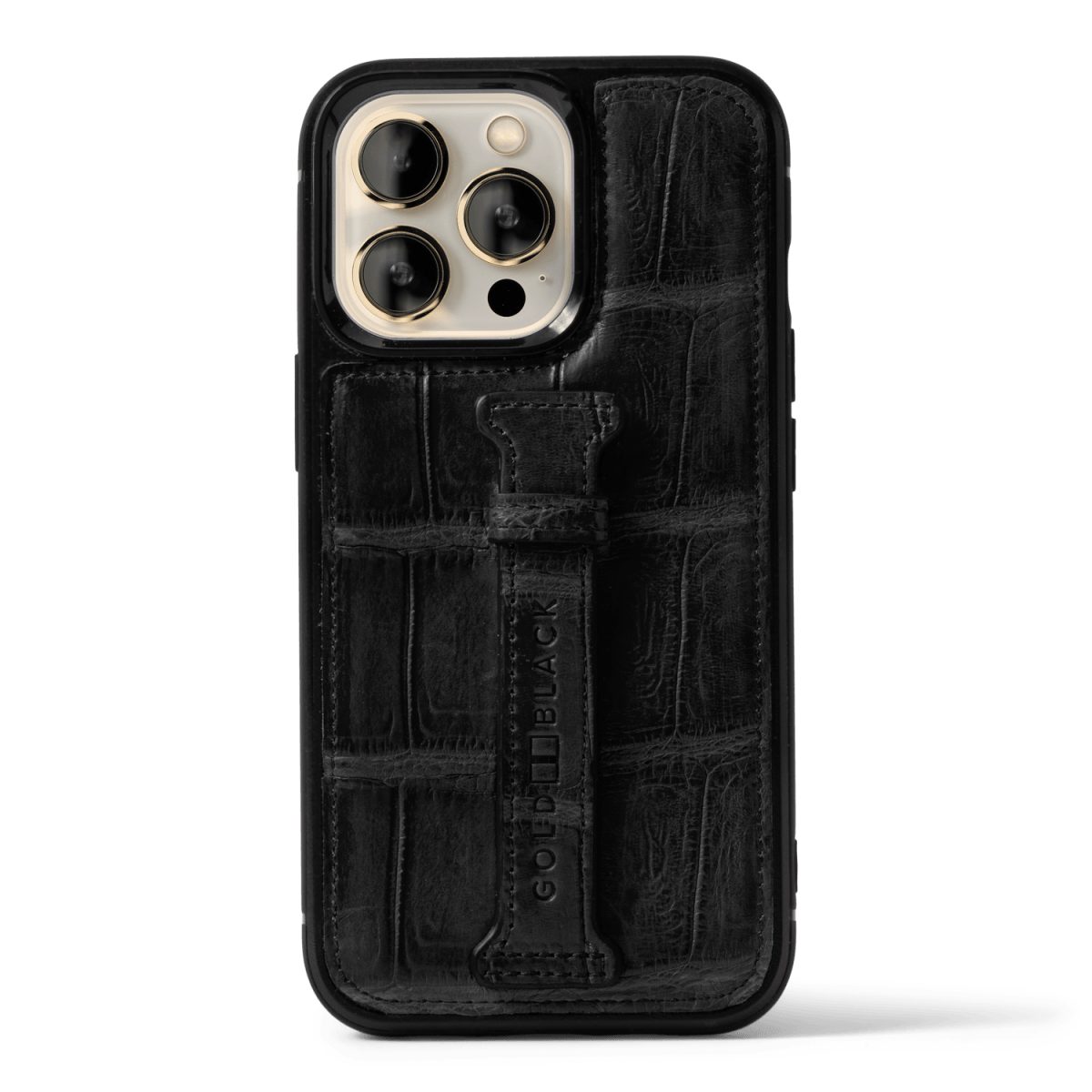 GOLDBLACK Handyhülle GOLDBLACK iPhone 13 Pro Case mit Fingerschlaufe Krokodilleder Schwarz