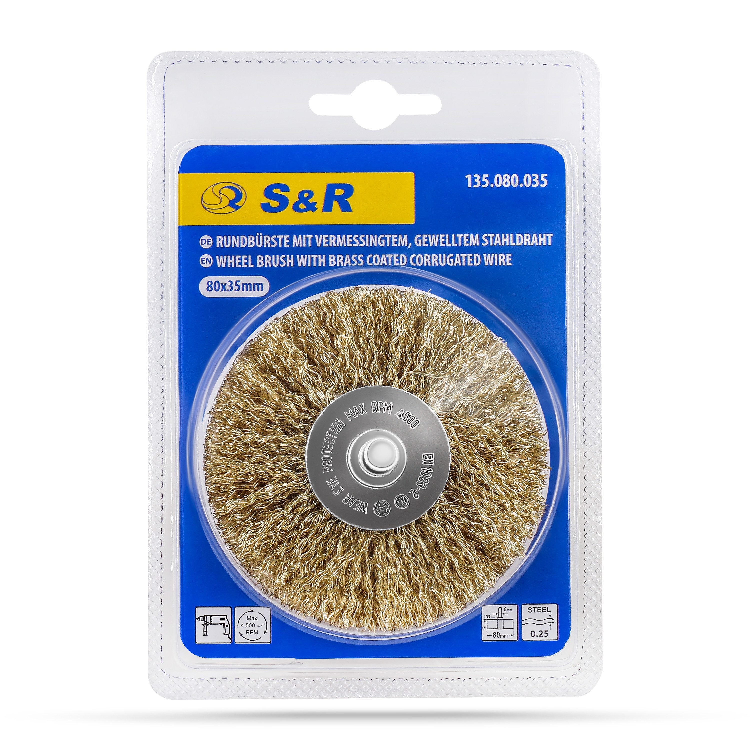 S&R Drahtbürste Stahldraht Rundbürste 80 mm x 35 mm, Holzstruktur-Bürste vermessingt, Winkelschleifer, (Set, Geeignet Spann-Bohrfutter ab mindestens 8 mm), gewellt, mit Rundschaft 8 mm,für Holz, Metall, Edelstahl, Kunststoffe