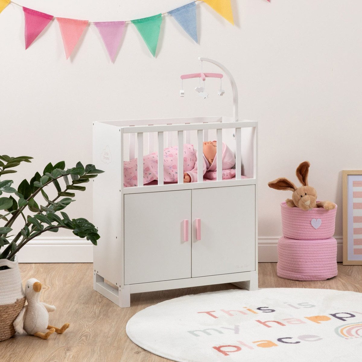 ELLA & PIET® Puppenbett COZY mit Schrank und Mobile aus Holz (Weiß-Rosa)