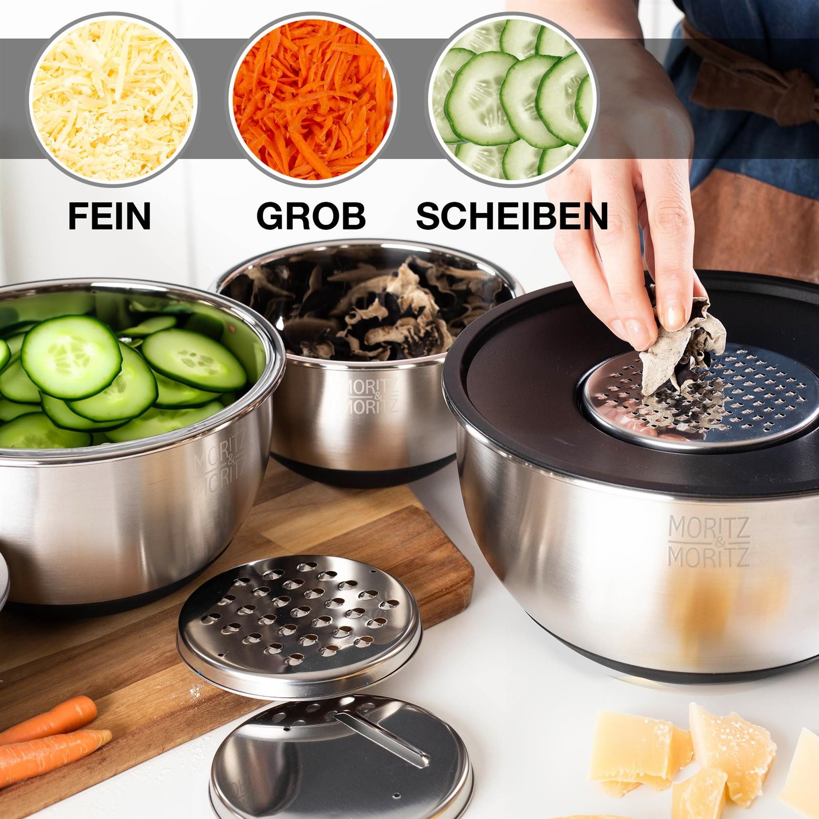 Moritz & Moritz Schüssel Edelstahl Rührschüssel Set mit Deckel, Edelstahl, (Set, 5-tlg), Premium Edelstahl, Rostfrei