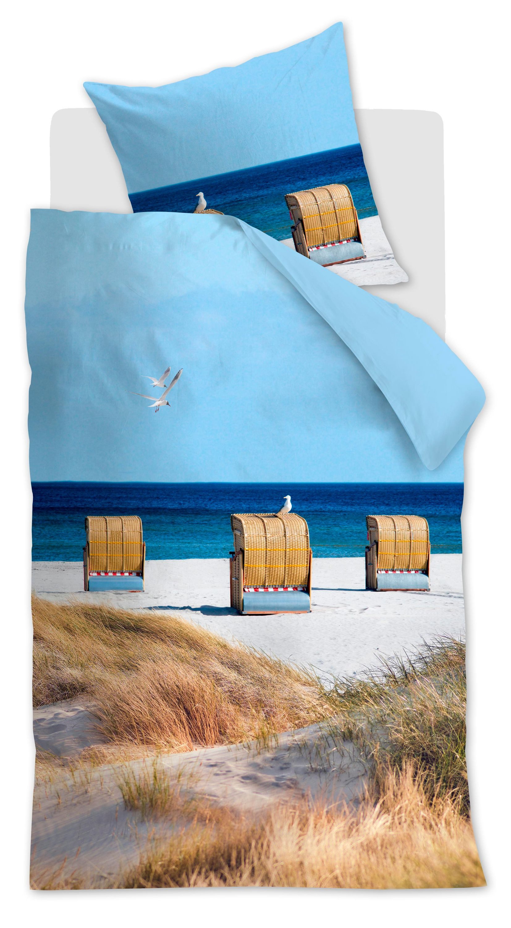 Beddinghouse Bettwäsche Ambiante, Baumwolle, Strandkörbe, Düne, Meer, blau