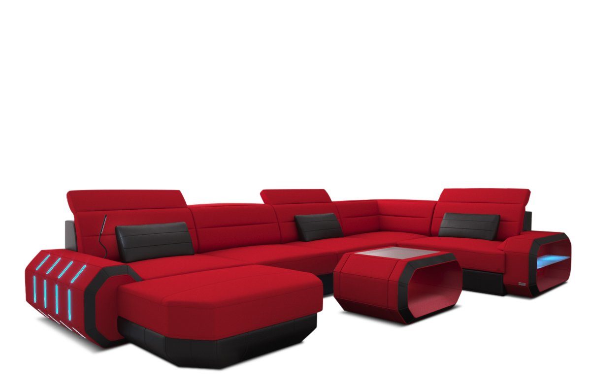 U Stoff rot-schwarz Schlaffunktion Wohnlandschaft wahlweise Mikrofaser M Design Form mit Couch Sofa Polster Stoffsofa, Roma Dreams Sofa