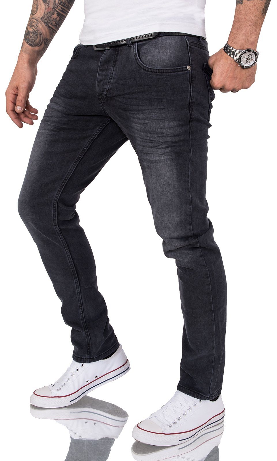 Gelverie Slim-fit-Jeans Herren Jeans Stonewashed Dunkelgrau günstig online kaufen