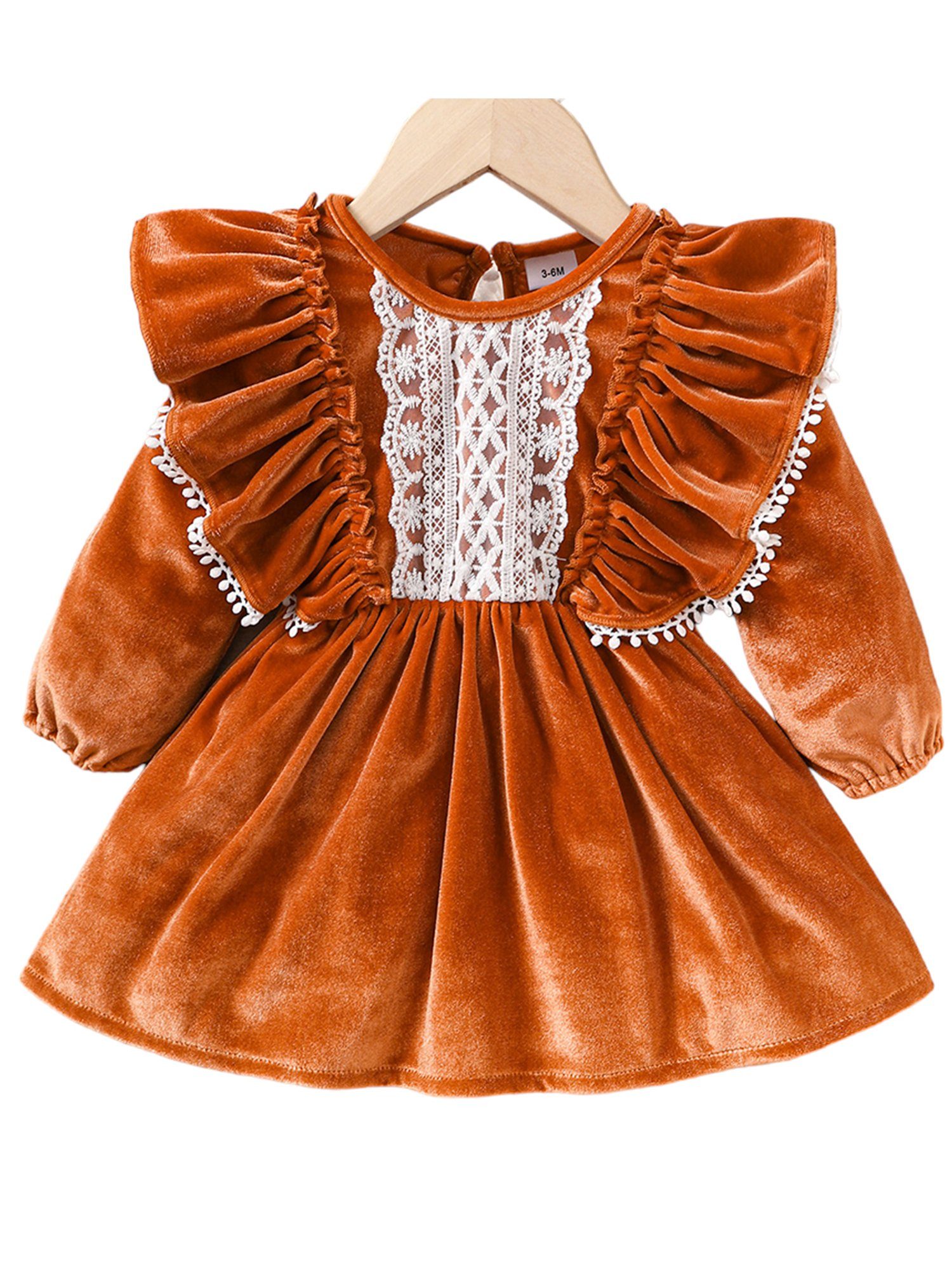 LAPA Partykleid Langärmliges Kleid aus Samt mit Rüschen Spitzen für Baby Mädchen (1-tlg) 3–24 Monate Baby Mädchen Partykleid, Geburtstagsgeschenk Dunkles Khaki