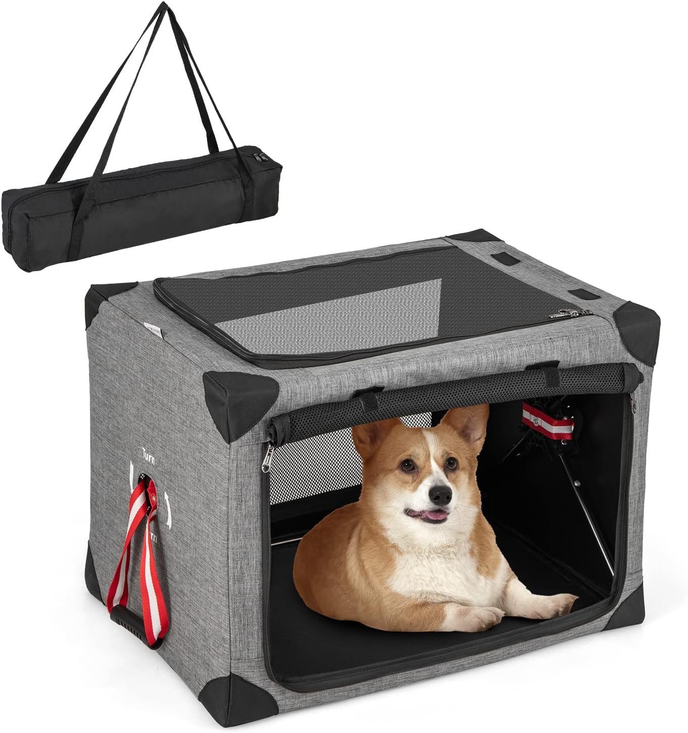 KOMFOTTEU Hunde-Transportbox klappbar bis 15,00 kg, mit Matte & 3-seitigen Netztüren, M-65 x 45 x 45 cm