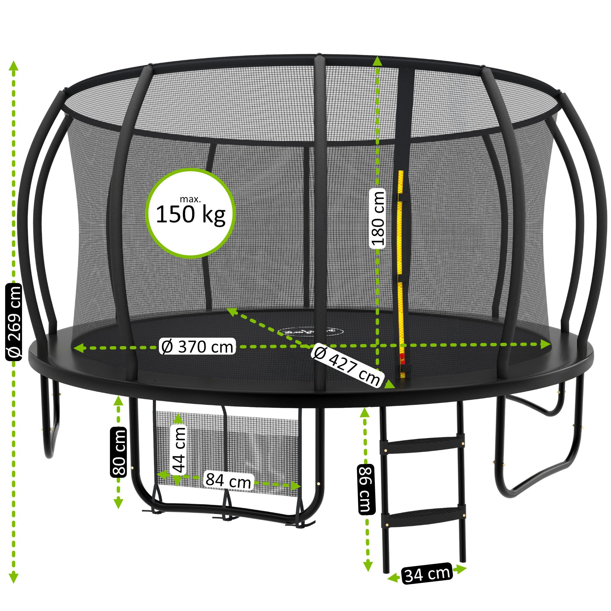 Zelsius Gartentrampolin Trampolin Schwarz Ø 427 cm für den Outdoor-Bereich