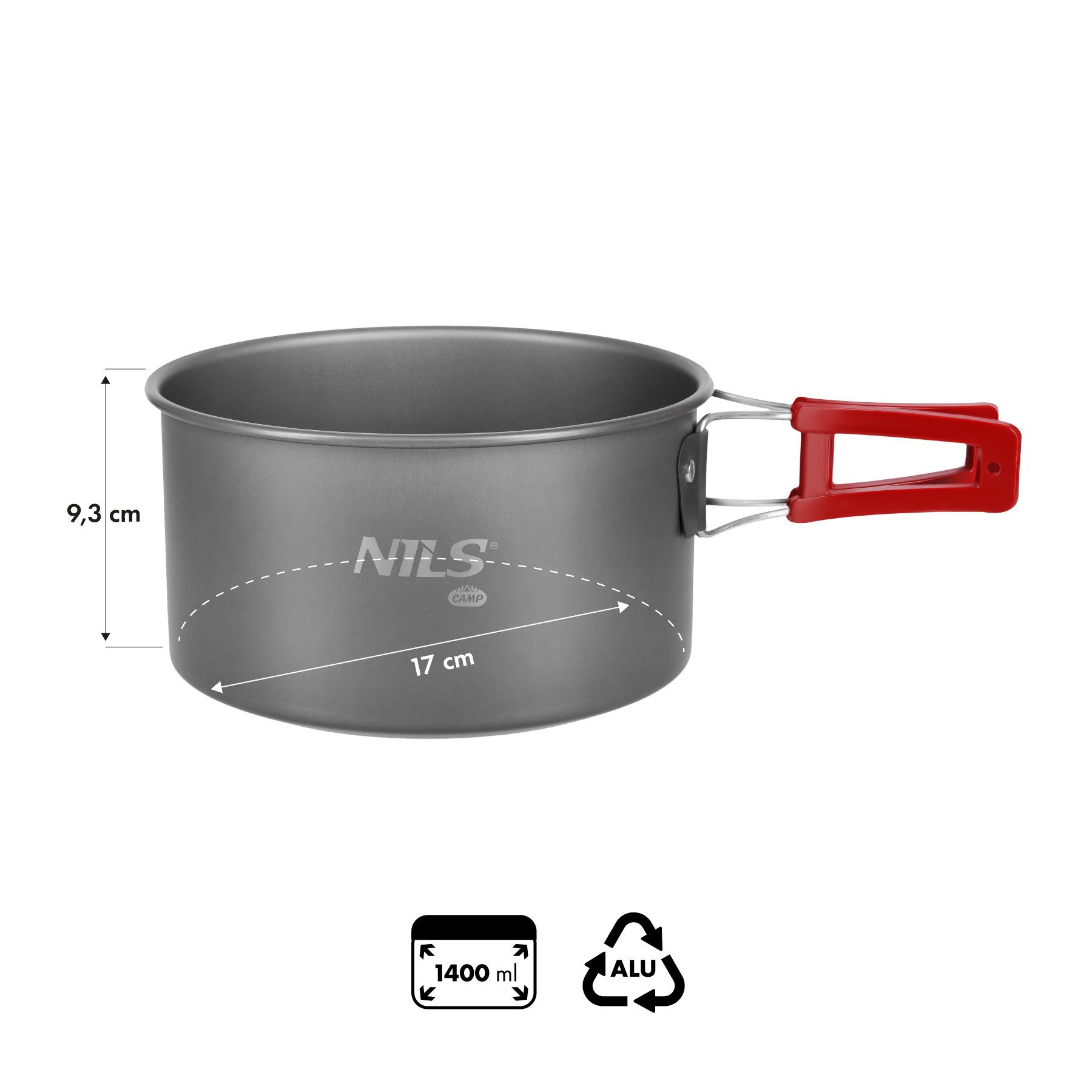 NILS CAMP Kochtopf Campingtopf Outdoortopf Kochgeschirr, Aluminium, Edelstahl (Spar-Set, 1-tlg., 17 x 9 cm leicht), klappbarer Griff, leicht, kompakt, korrosionsbeständig