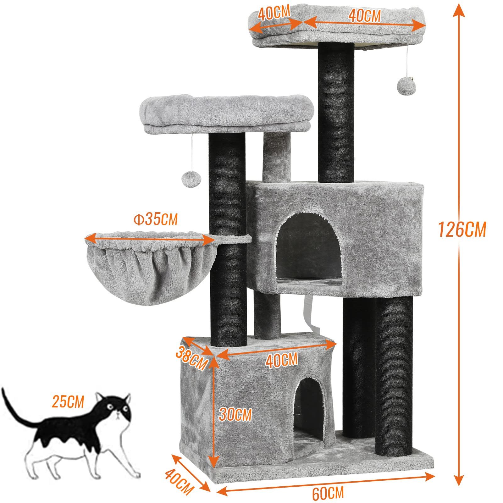MSMASK Kratzbaum groß für Katzen stabil mit Sisal-Kratzstangen, 2 Aussichtsplattform