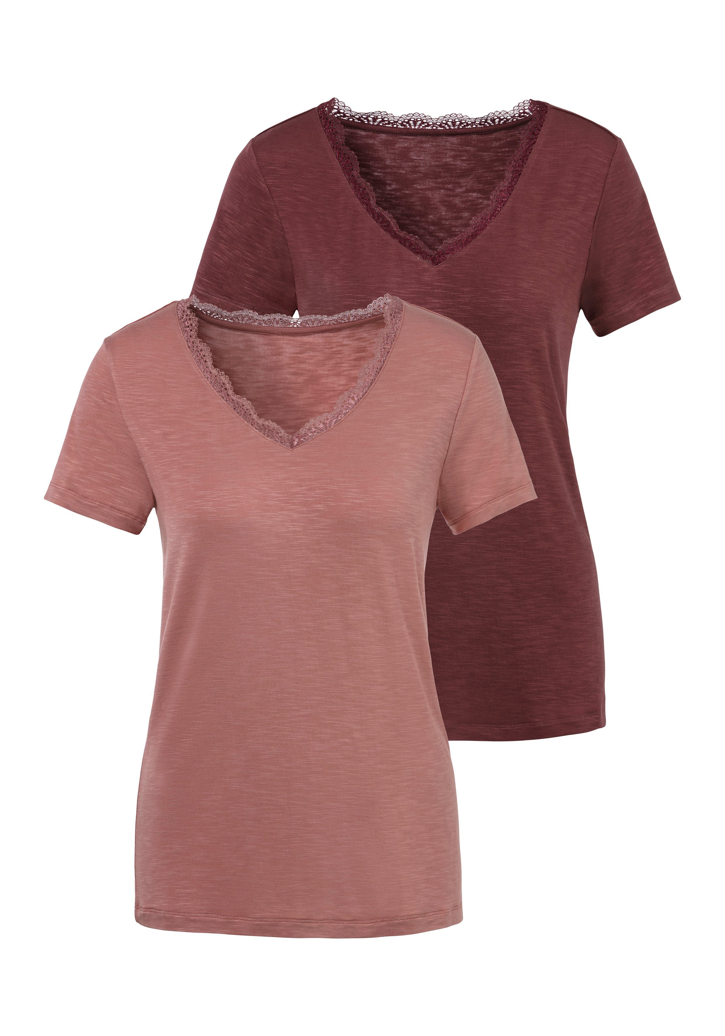 mit am (Packung, Ausschnitt Spitze T-Shirt rose LASCANA aubergine, 2-tlg) zarter