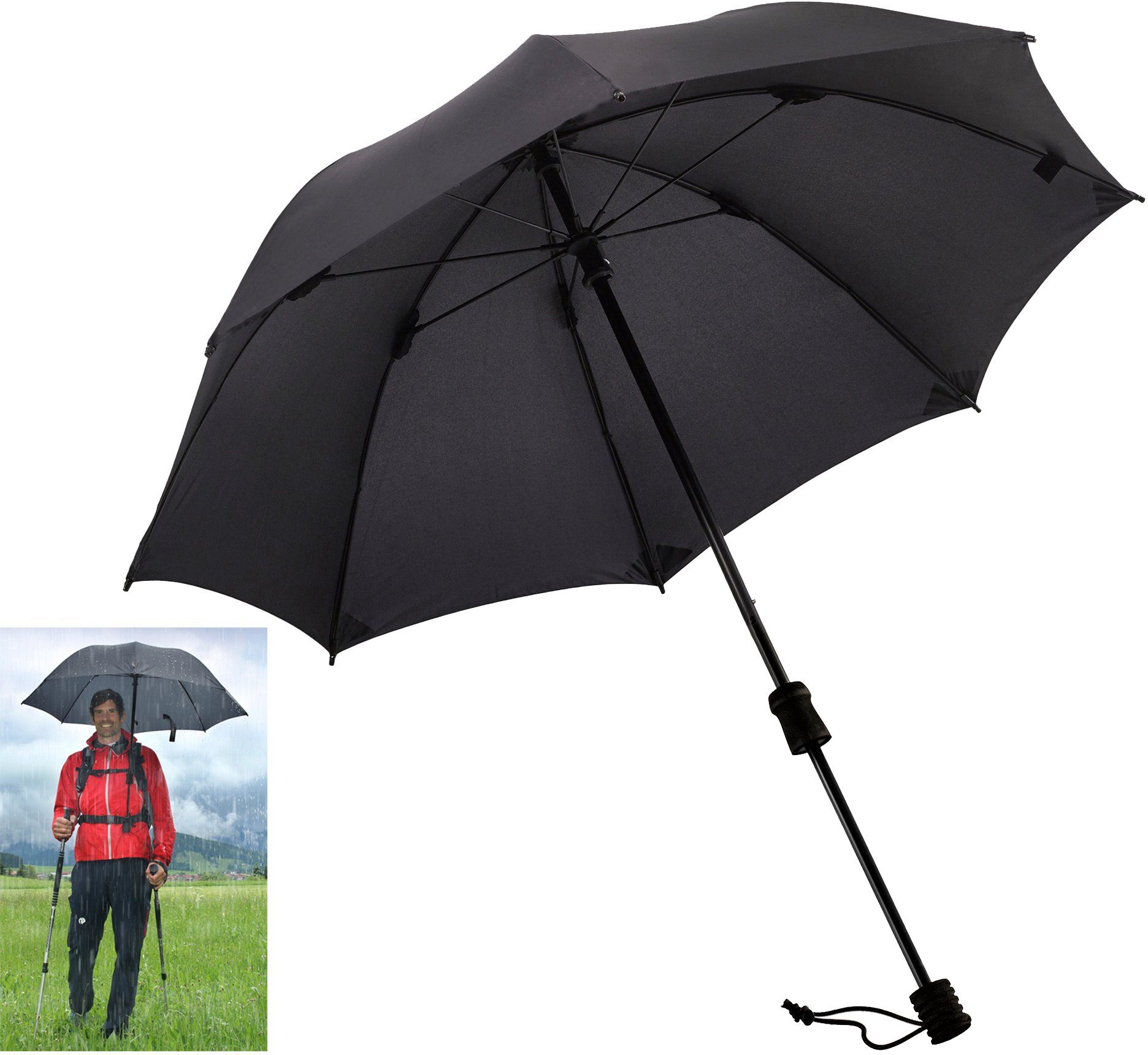 EuroSCHIRM® Stockregenschirm Swing handsfree, schwarz, handfrei tragbar,  Kann an jedem Rucksack mit Hüftgurt befestigt und handfrei getragen werden