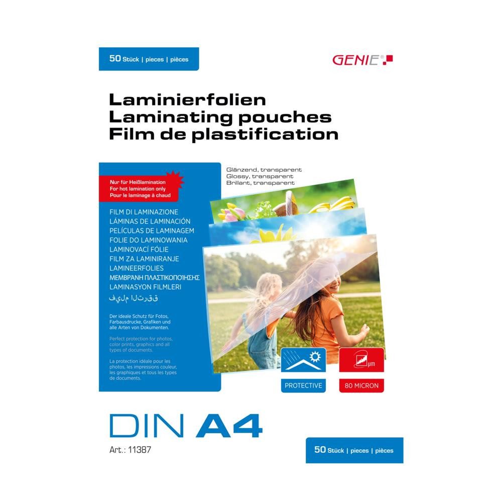 GENIE Laminierfolie Heißlaminiertaschen DIN A4, 80 Mic., 50 Stück, Transparent, glänzend, abwischbar, herstellerunabhängig nutzbar