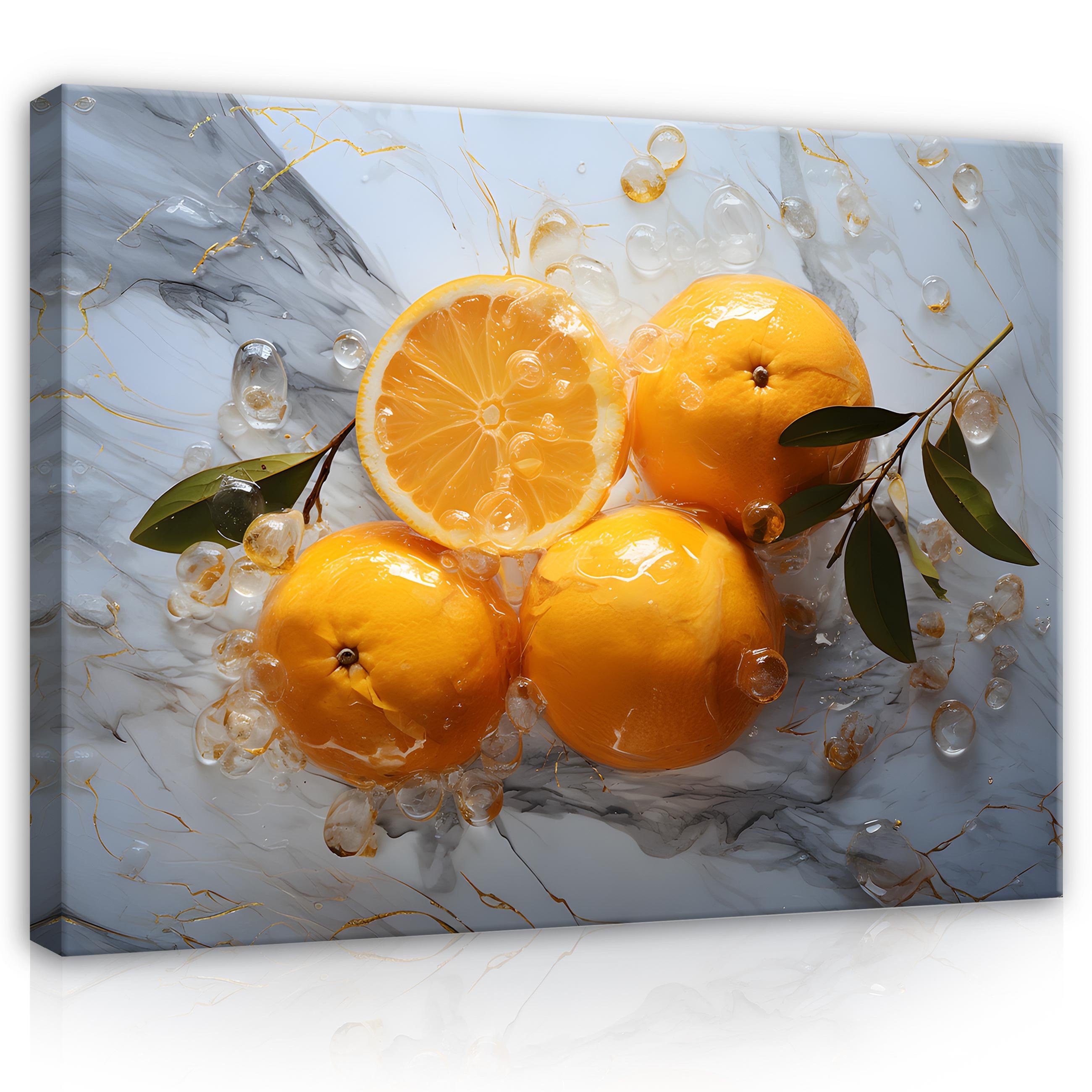Wallarena Leinwandbild Küche Orangen Marmor Wandbild XXL Leinwandbilder Modern, Obst (Einteilig, 1 St), Leinwandbild Leinwand Bilder Bild Groß Aufhängefertig
