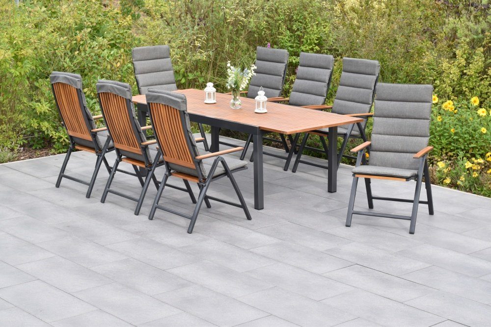 MERXX Garten-Essgruppe Athos, (Set 17tlg., 8 Sessel inkl. Auflagen, AZ-Tisch, Aluminiumgestell mit Akazienholz), 8 Sessel inkl. Auflagen, ausziehbarer Tisch