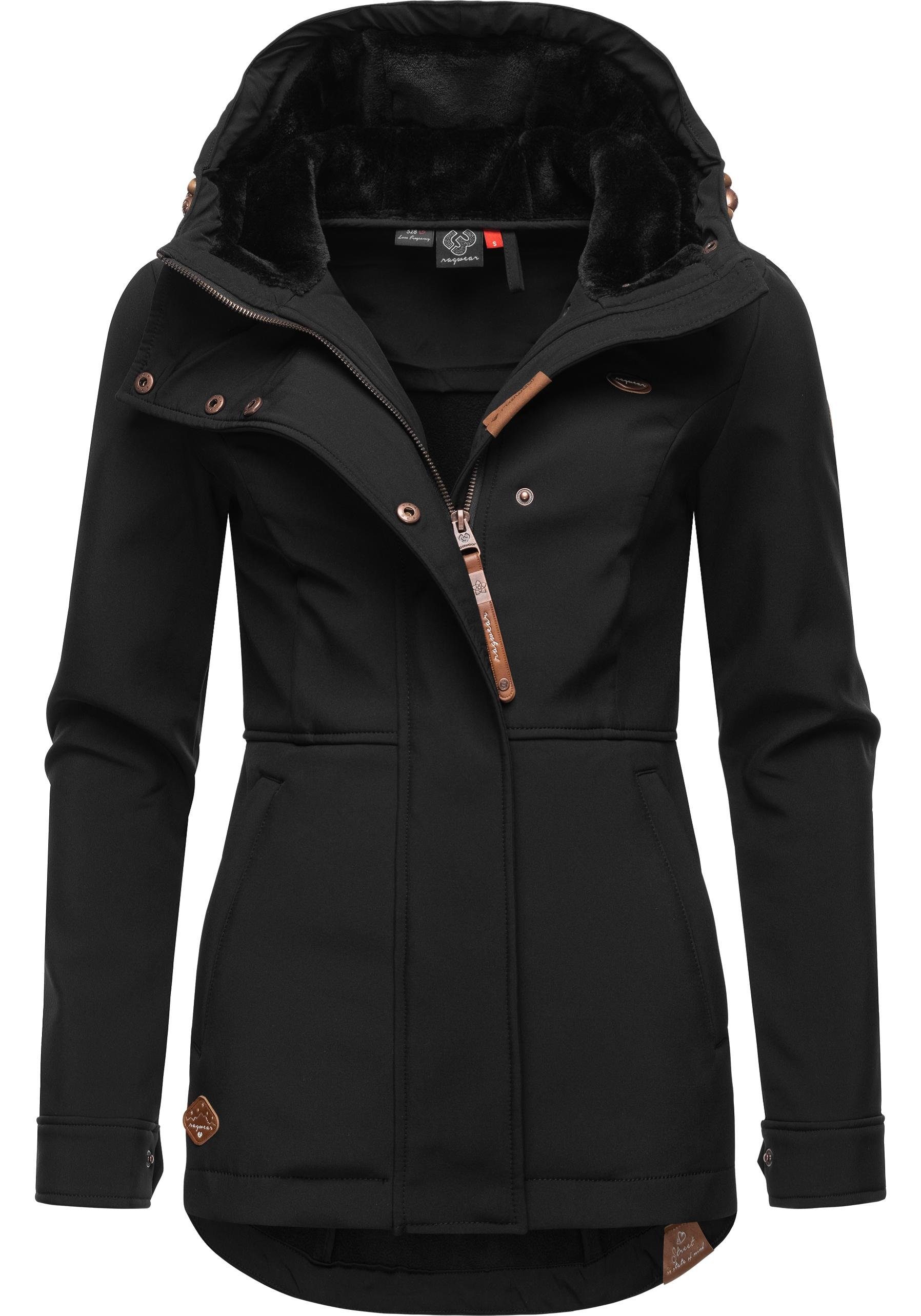 Ragwear Softshelljacke Yba sportliche Outdoorjacke mit Damen schwarz Kapuze