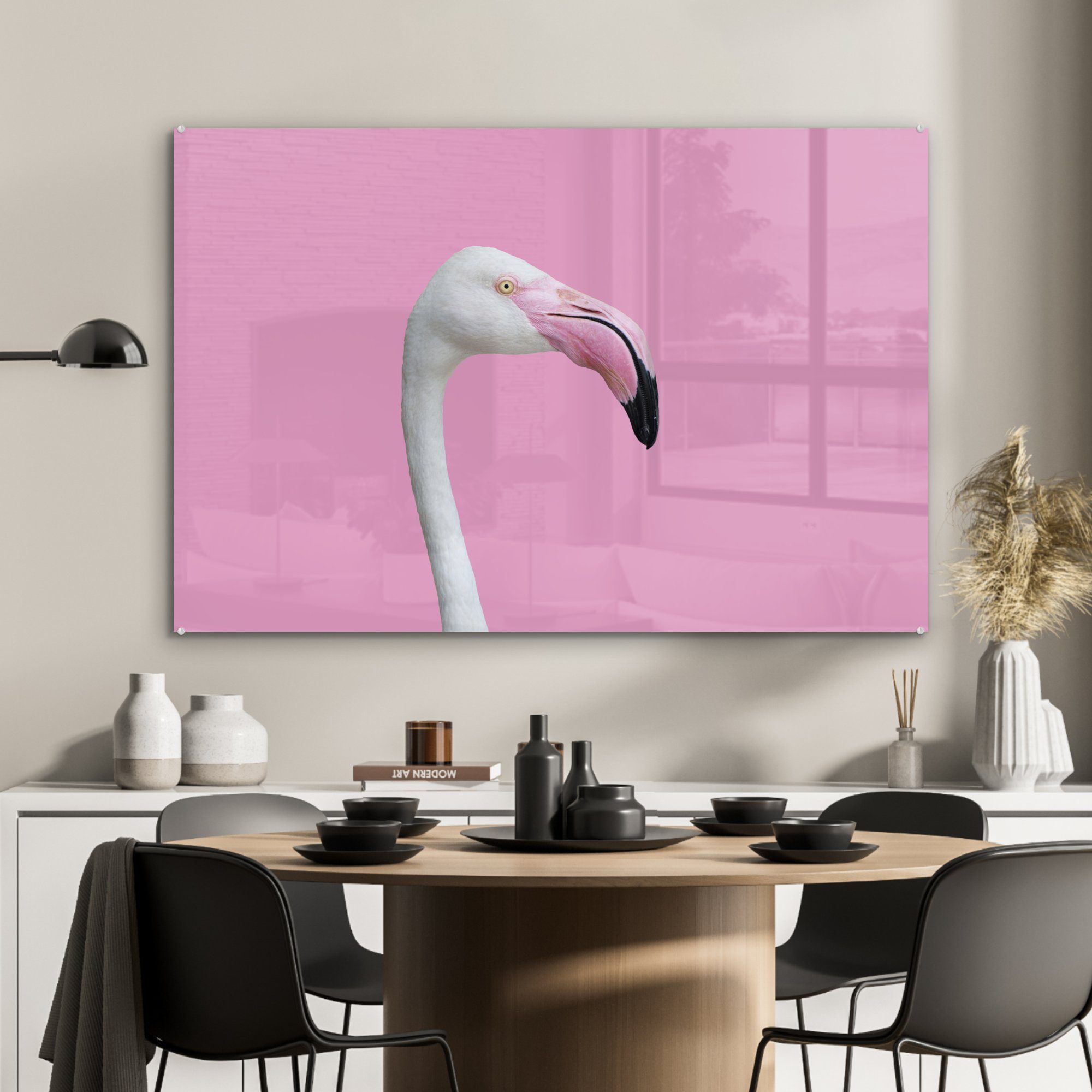 Acrylglasbilder MuchoWow Wohnzimmer Schlafzimmer Porträt, St), Flamingo Weißer & Acrylglasbild (1