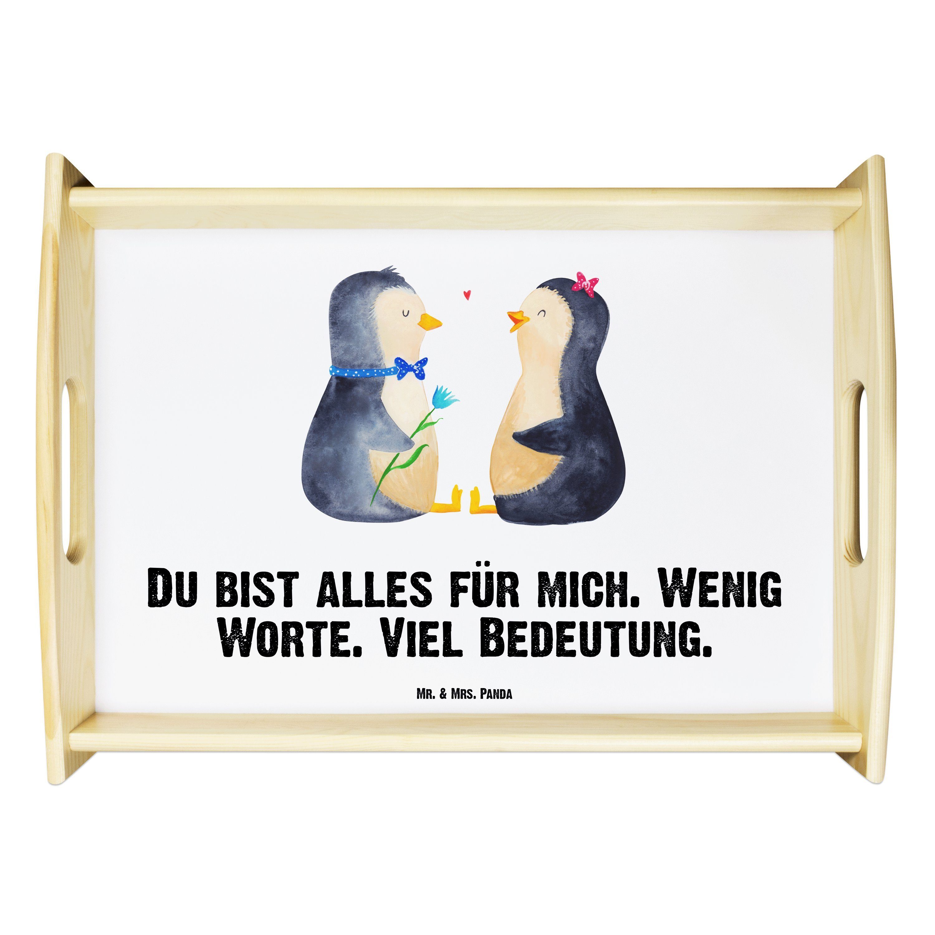 Mr. & Mrs. Panda Tablett Pinguin Pärchen - Weiß - Geschenk, Dekotablett, Hochzeit, Pinguine, T, Echtholz lasiert, (1-tlg)