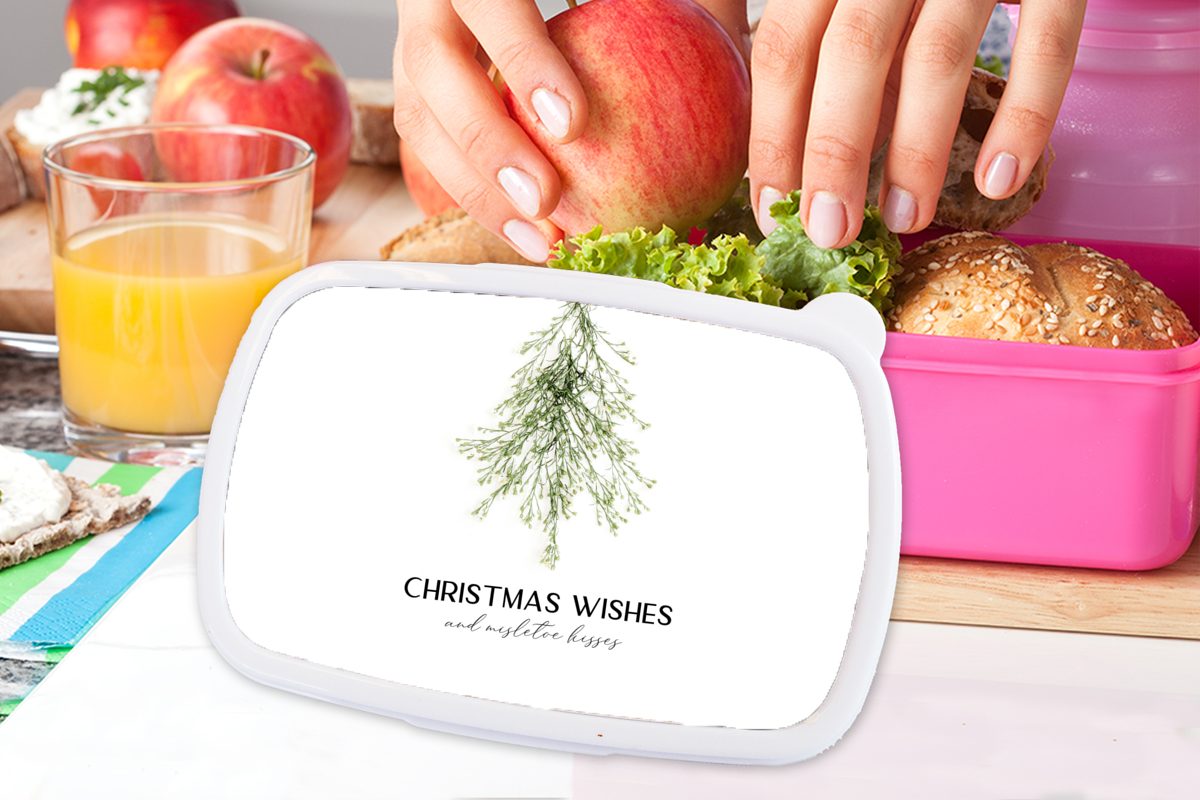 MuchoWow Lunchbox Weihnachten - Weihnachtsbaum Zitat, Erwachsene, rosa Brotdose für Mädchen, Kunststoff Kinder, Kunststoff, (2-tlg), Brotbox Snackbox, 