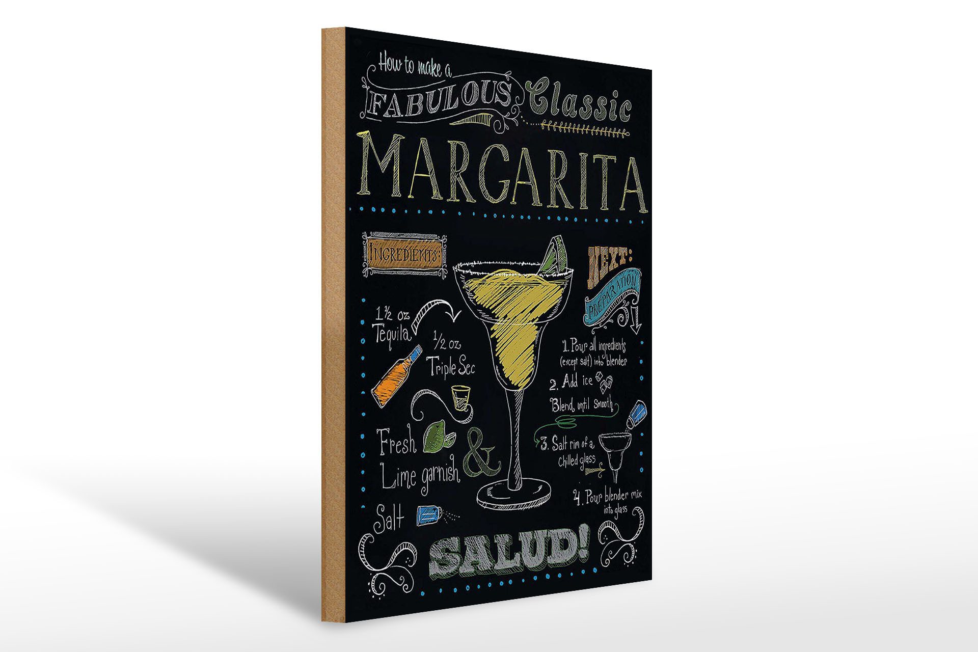 Femer GmbH Holzbild Cocktail 30x40 cm Classic Margarita Rezept Tafeloptik, (1 St), Glatte Holzfaserplatte (MDF), vorn beschichtet