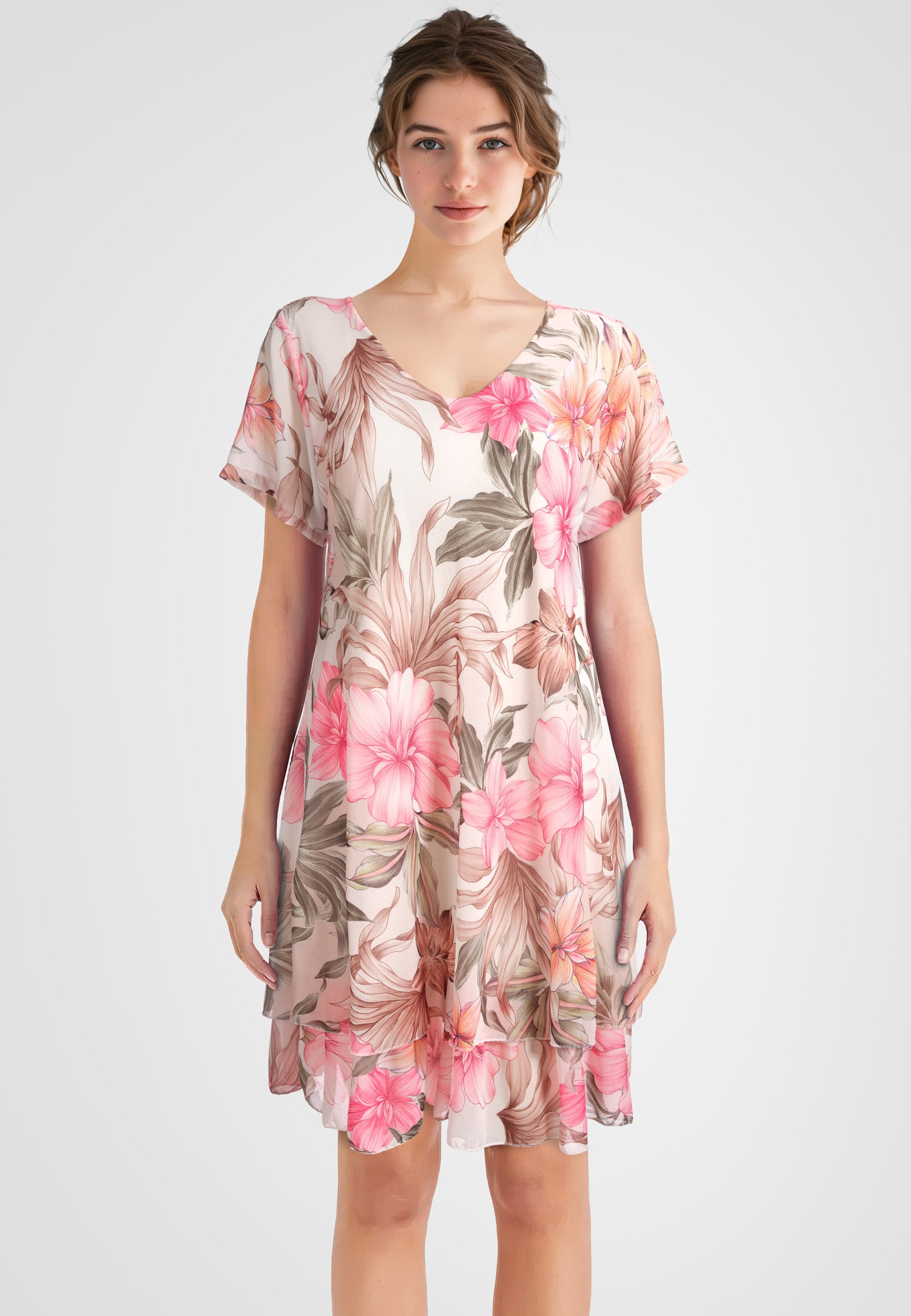 PEKIVESSA Sommerkleid Geblümtes Georgette-Kleid mit Volants günstig online kaufen