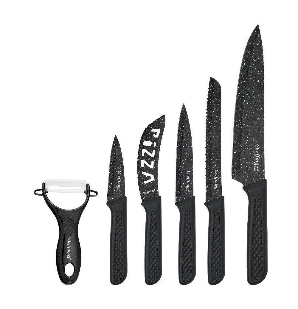 Cheffinger Messer-Set 6-teilig mit Schäler in Schwarz - ergonomisch & vielseitig (6-tlg), 6-teilig, Edelstahl