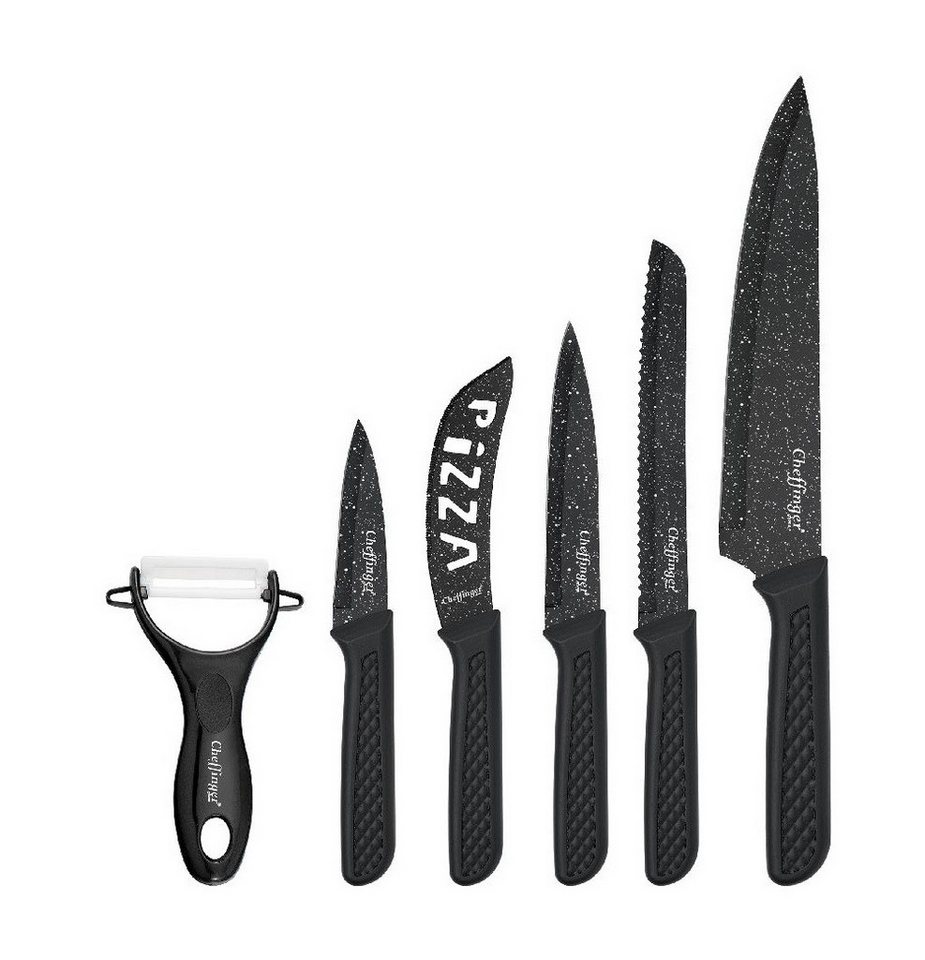 Cheffinger Messer-Set 6-teilig mit Schäler in Schwarz - ergonomisch & vielseitig (6-tlg), 6-teilig, Edelstahl