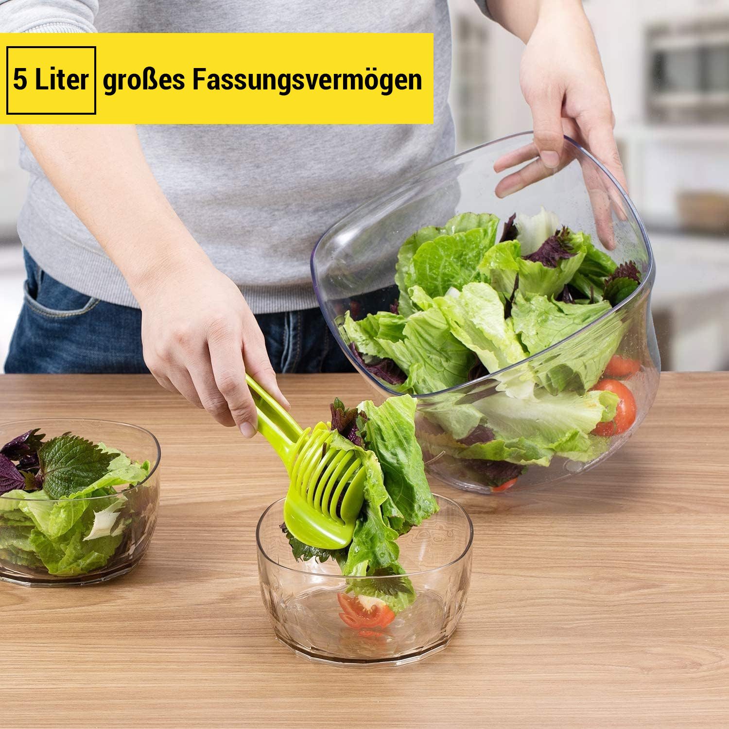 Elegear Salatschleuder Salatentwässerer Spinderella, 5 Liter, ø 24,5 cm, Kunststoff BPA-frei, (1-tlg), herausnehmbarer Siebeinsatz, Deckel & Stopp-Knopf, mit Schüssel