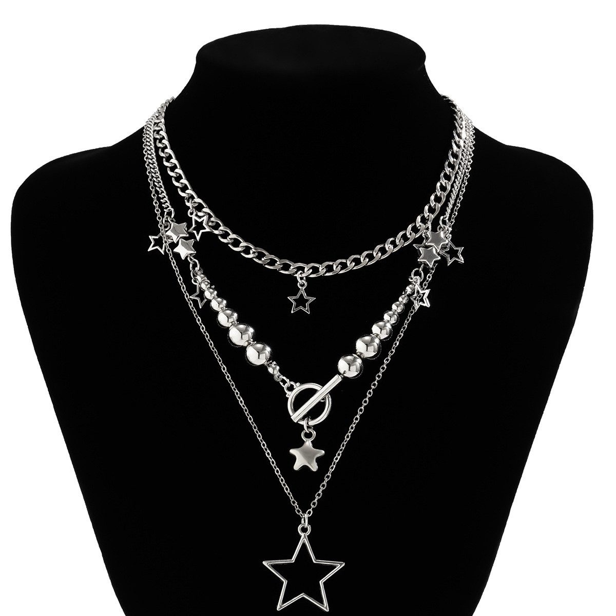 Kette mit Anhänger Perlenkette mit Anhänger, 3-teiliges Y2k-Stern-Silberhalsketten-Set