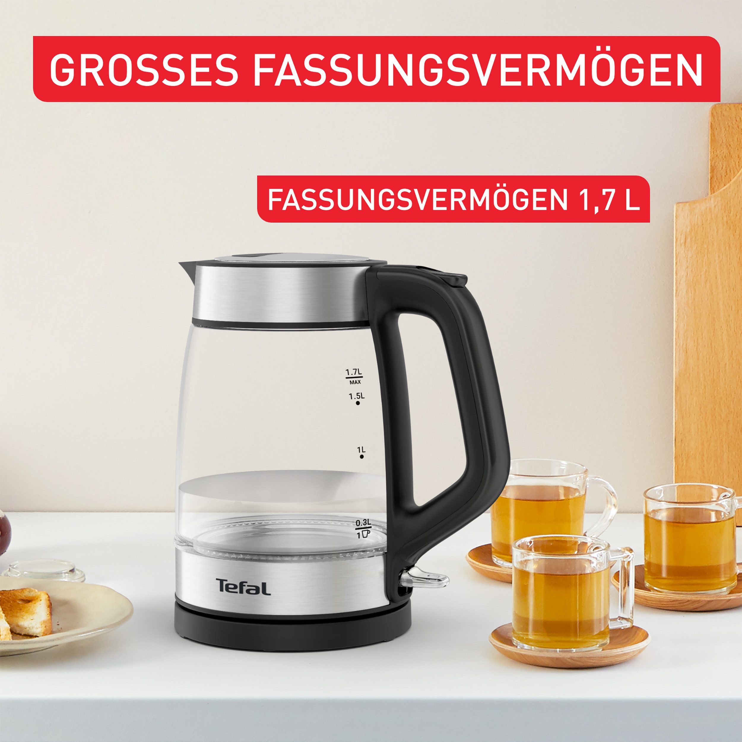 Tefal Wasserkocher KI6058, 1,7 l, 2200 W, Deckelöffnung auf Knopfdruck, großes Fassungsvermögen von 1,7 l