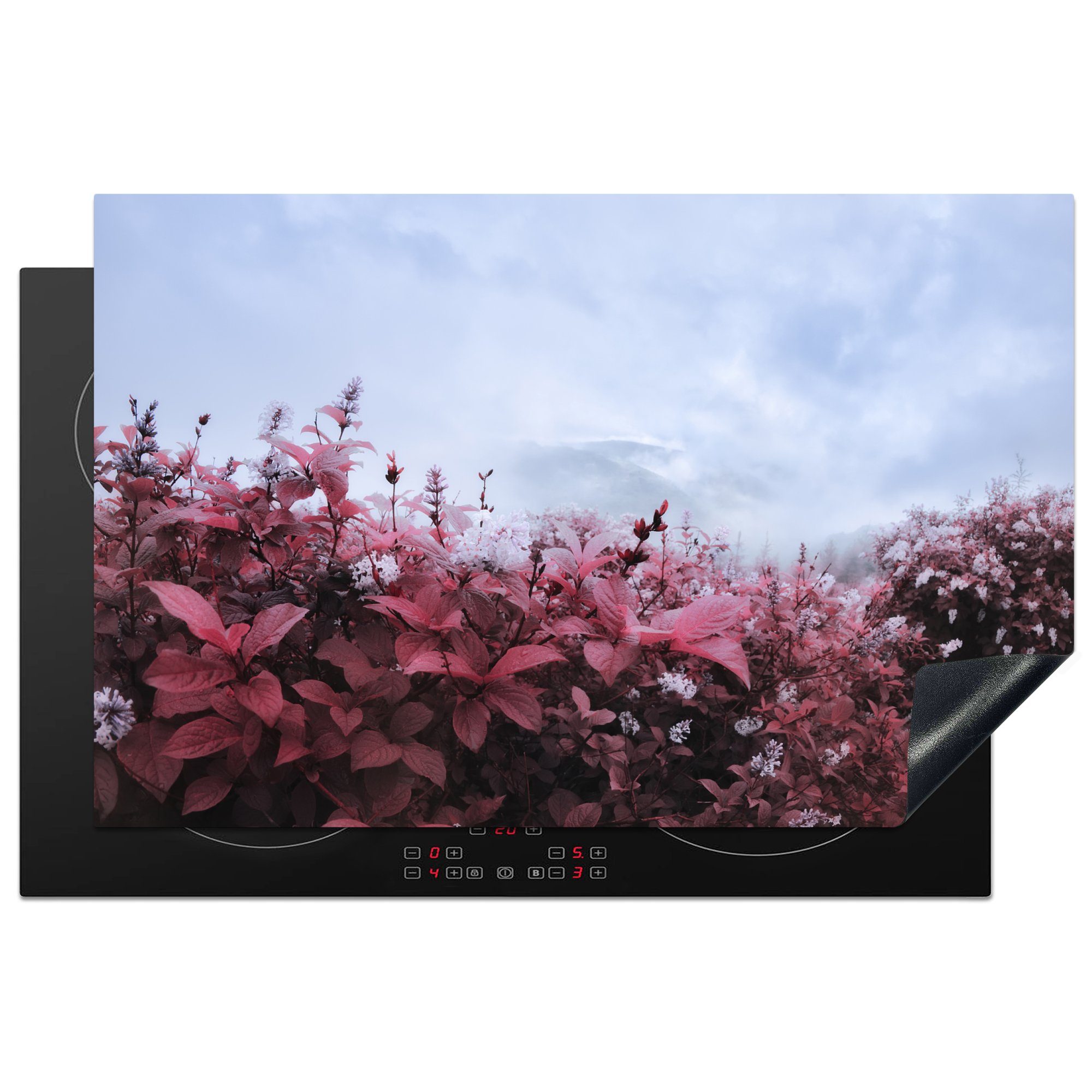 MuchoWow Herdblende-/Abdeckplatte Blumen im Nebel, Vinyl, (1 tlg), 81x52 cm, Induktionskochfeld Schutz für die küche, Ceranfeldabdeckung