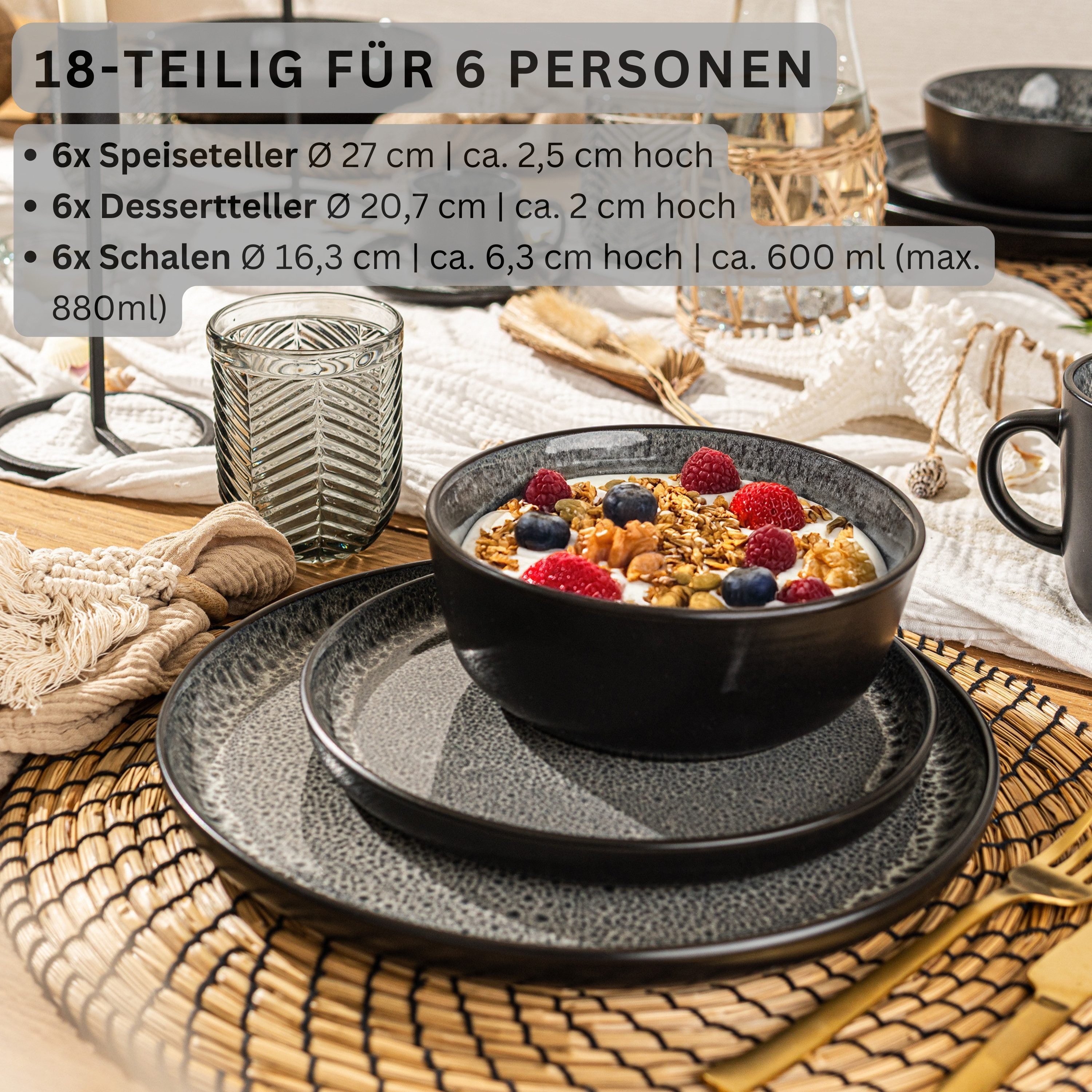 SÄNGER Tafelservice Sydney Geschirrset, Grau (18-tlg), 6 Personen, Steingut, Handmade, spülmaschinenfest, VALUE COLLECTION