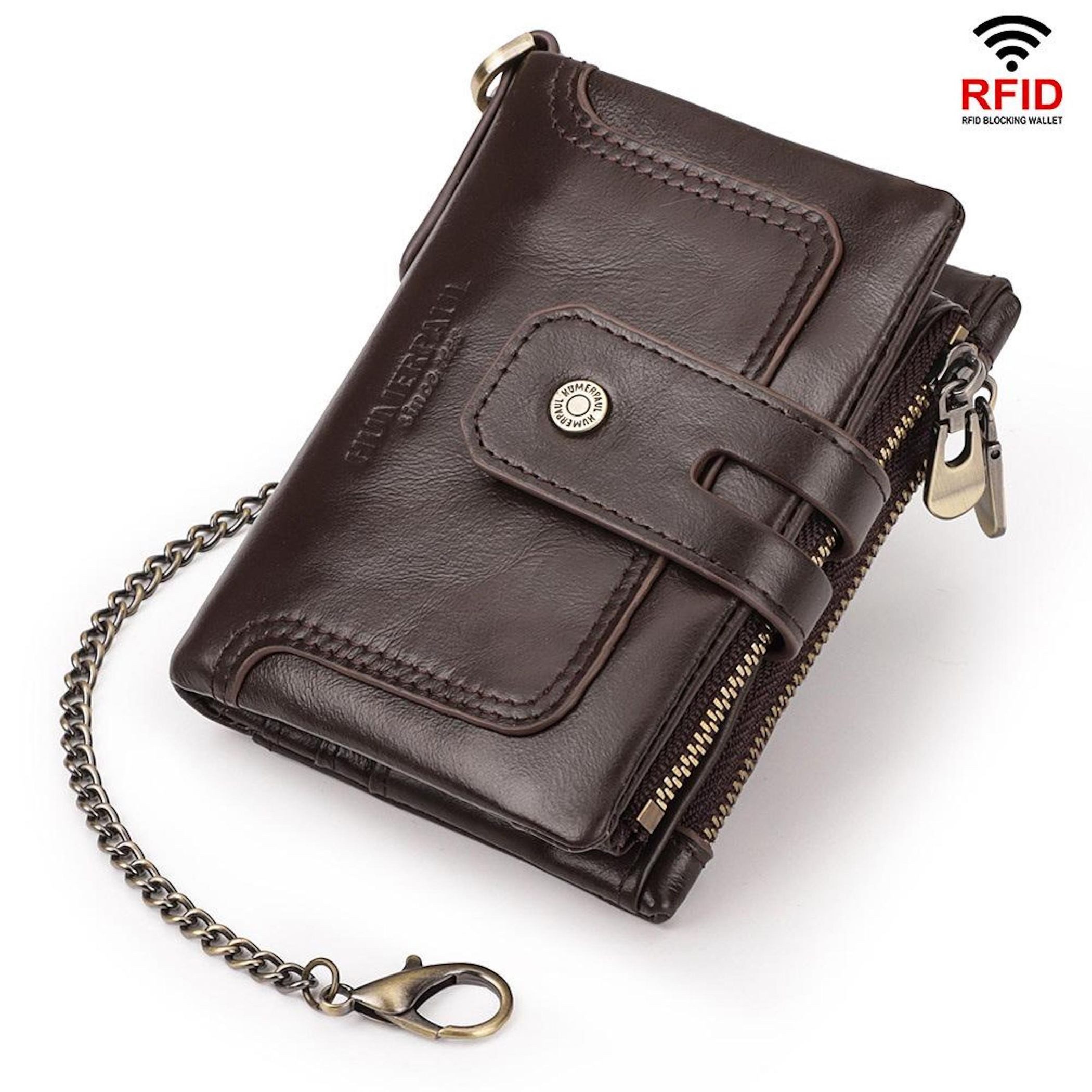 Wigento Handyhülle Leder Geldbörse RFID Tri-Fold Doppel Reißverschluss Geld Portemonnaie, Kompakt, Leicht, RFID-Schutz, Mit Reißverschluss, Tri-Fold Design