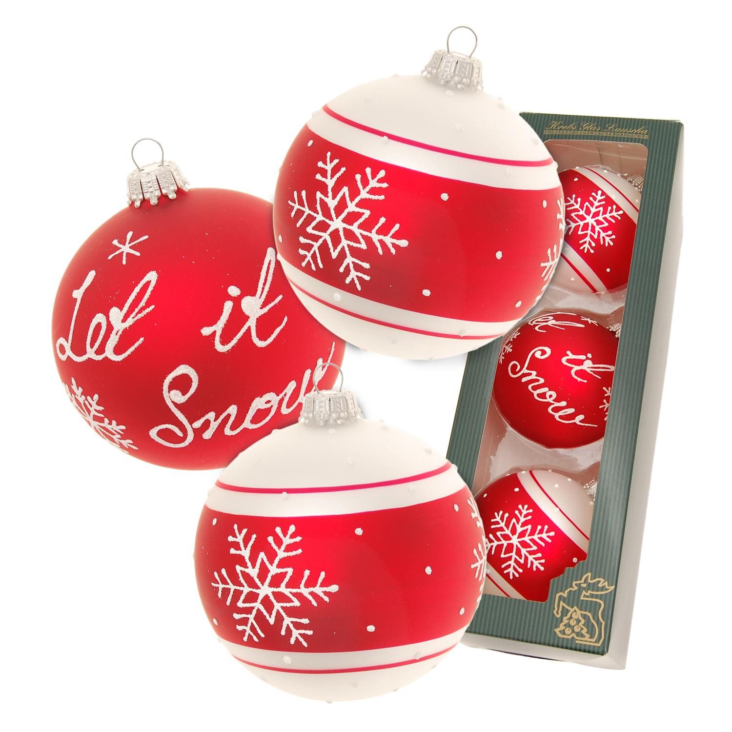 Krebs Glas Lauscha Christbaumschmuck 3er Glaskugelset - Scandic Xmas "Let it Snow" - ca. 8cm, für elegante Weihnachtsbäume oder festliche Tafeln
