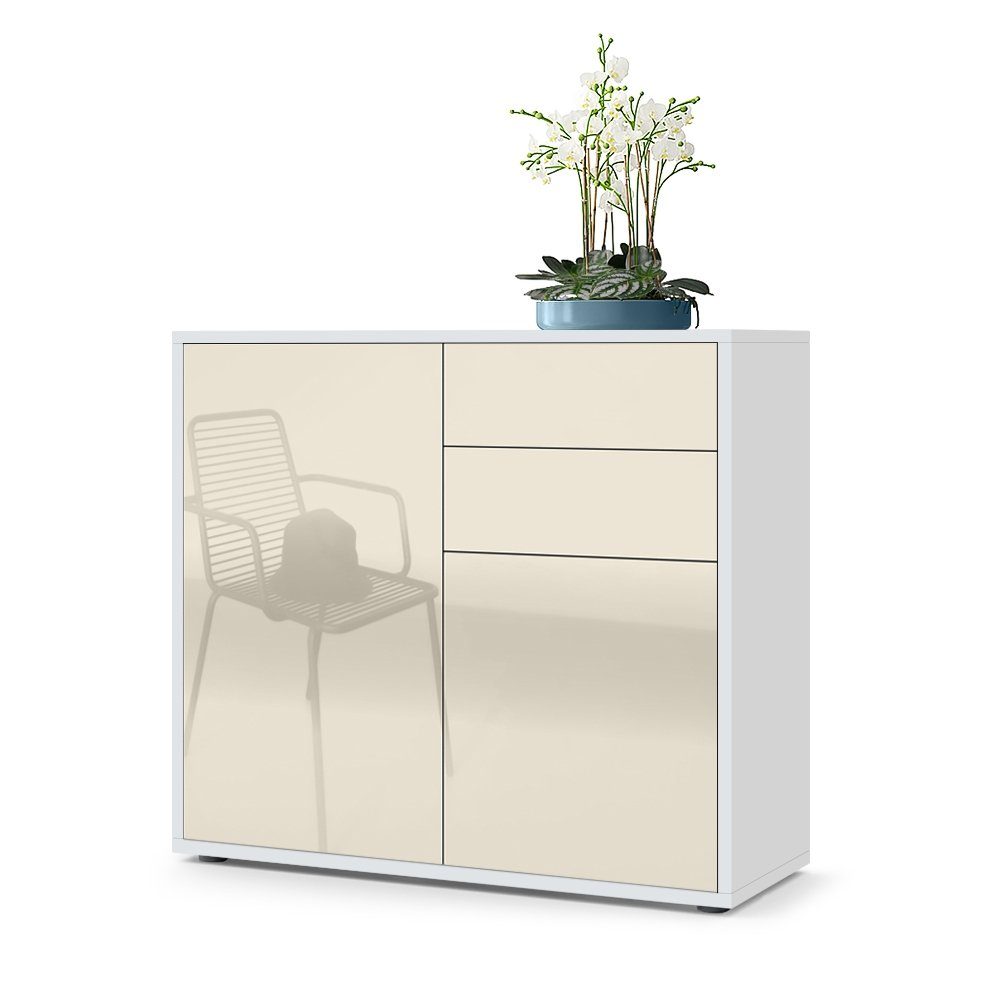 Vladon Kommode Ben V1 (Kommode, mit 2 Türen und 2 Schubladen), Weiß matt/Creme Hochglanz (79 x 74 x 36 cm)