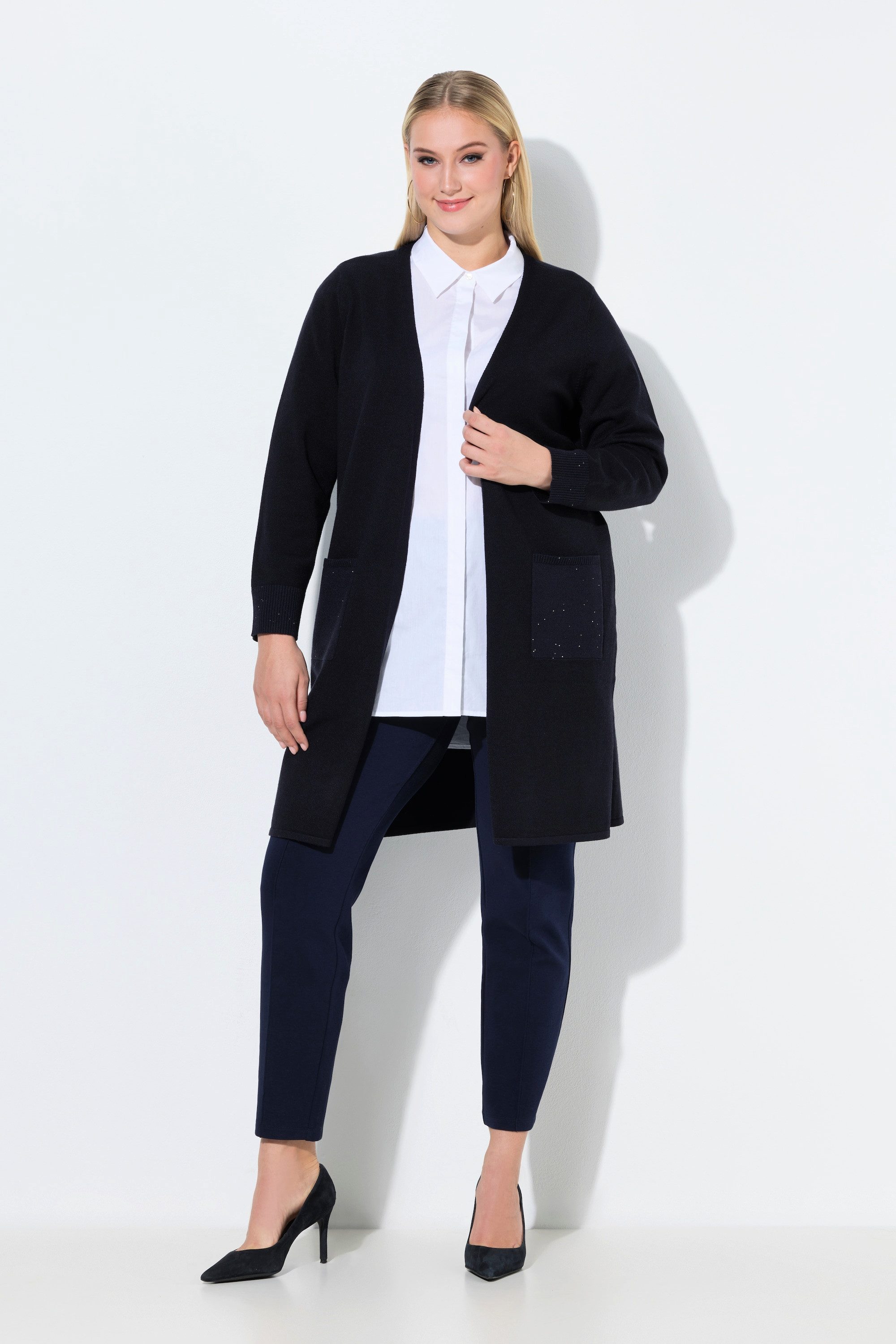 Ulla Popken Strickjacke Long-Strickjacke Pailletten V-Ausschnitt Langarm