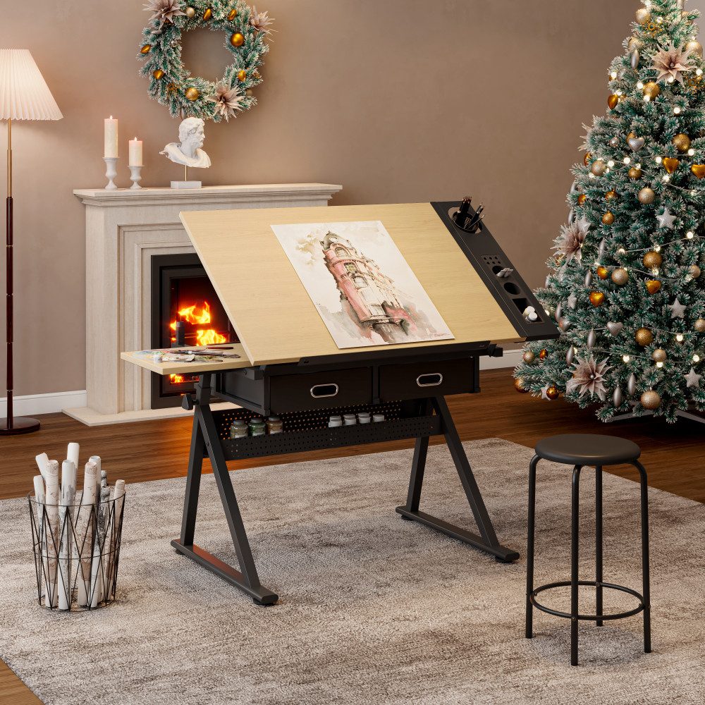 BBWL Zeichentisch mit 2 Schubladen MDF Holz Schreibtisch inkl Hocker, Zeichentisch höhenverstellbar für Home Office Schule