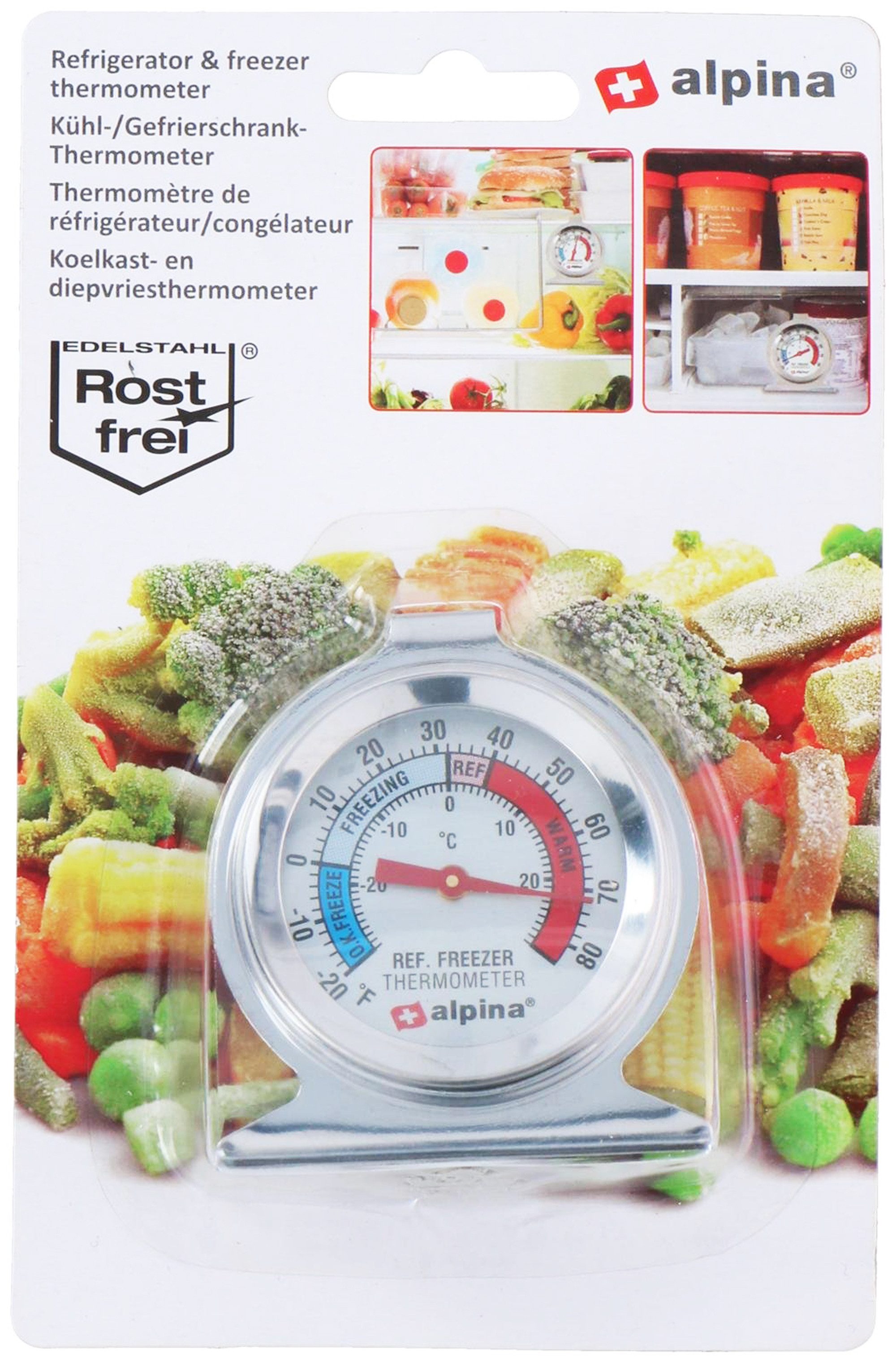*Alpina* Kühlschrankthermometer KÜHLSCHRANKTHERMOMETER aus Edelstahl analog Gefrierthermometer 97, Gefrierschrankthermometer Kühlschrank Gefrierschrank Thermometer